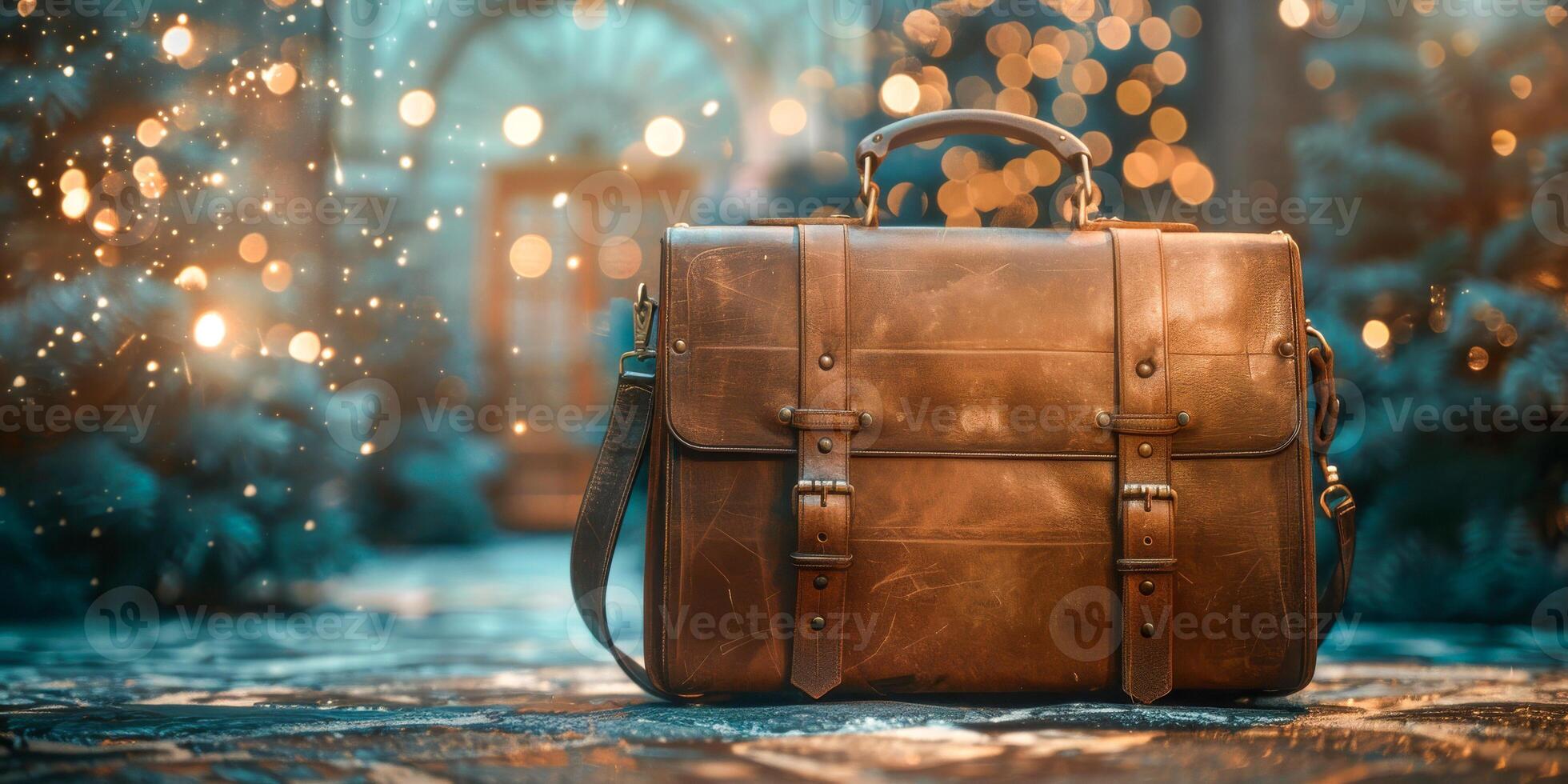 AI generated Photo of a vintage brown leather briefcase with a glowing aura on a bokeh light background, signifying importance and mystery