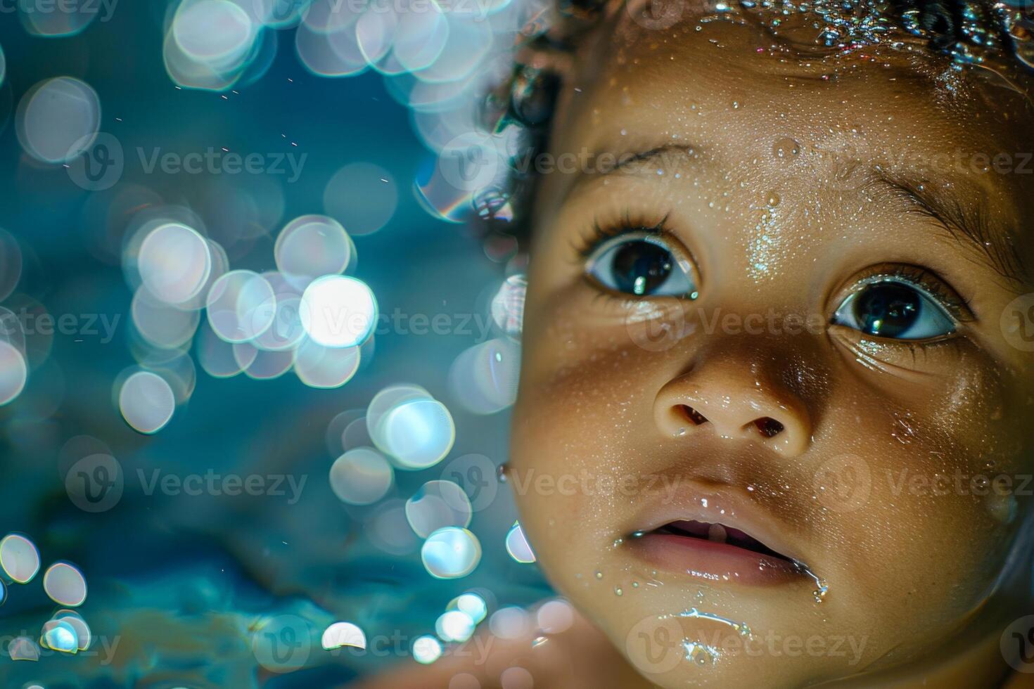 AI generated Close-up underwater shot of a baby's face, with wide curious eyes and air bubbles surrounding them photo