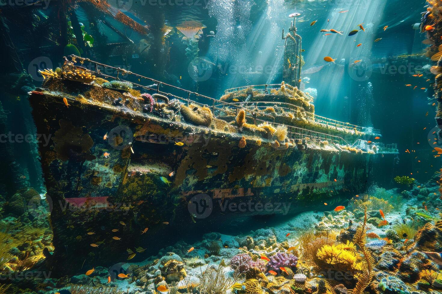 AI generated An underwater scene with a sunken ship covered in coral and marine life, illuminated by a diver's light photo
