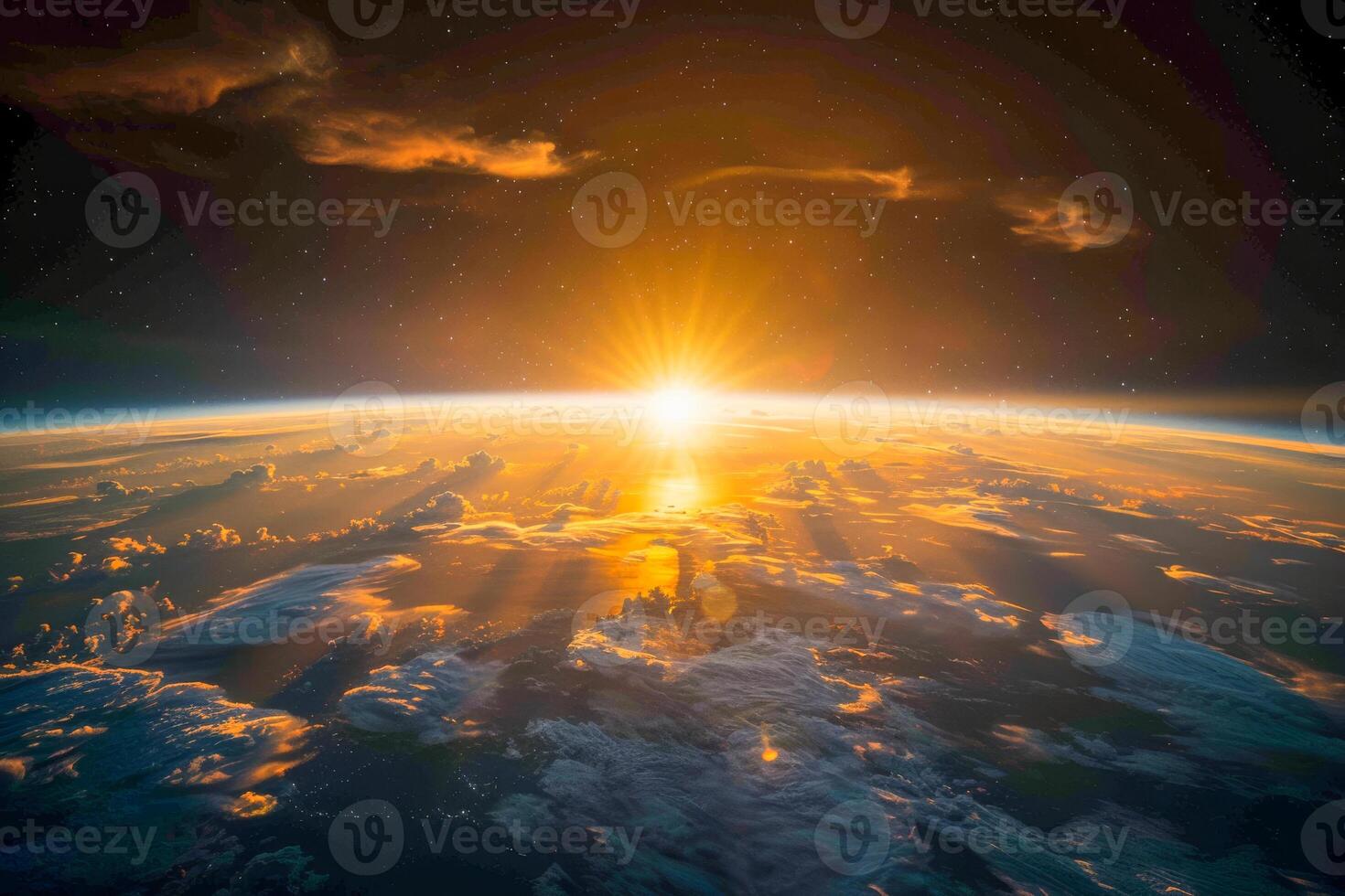 AI generated The Earth's atmosphere with a radiant sunrise from outer space photo