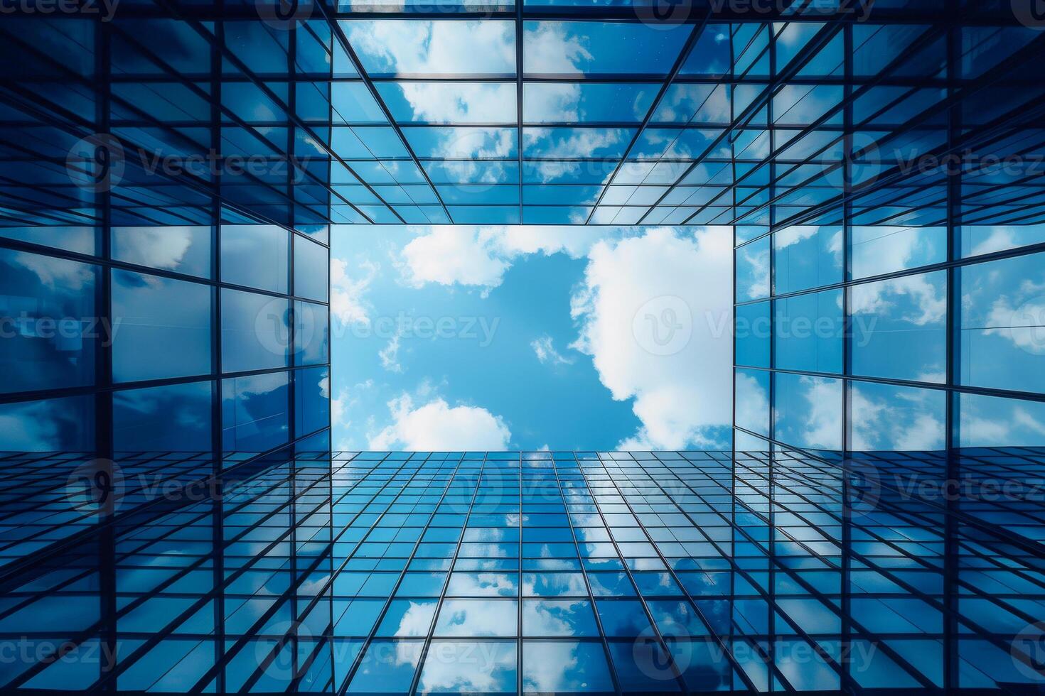 AI generated Contemporary high-rise office buildings converging towards the sky, their windows mirroring the blue and cloudy sky. photo