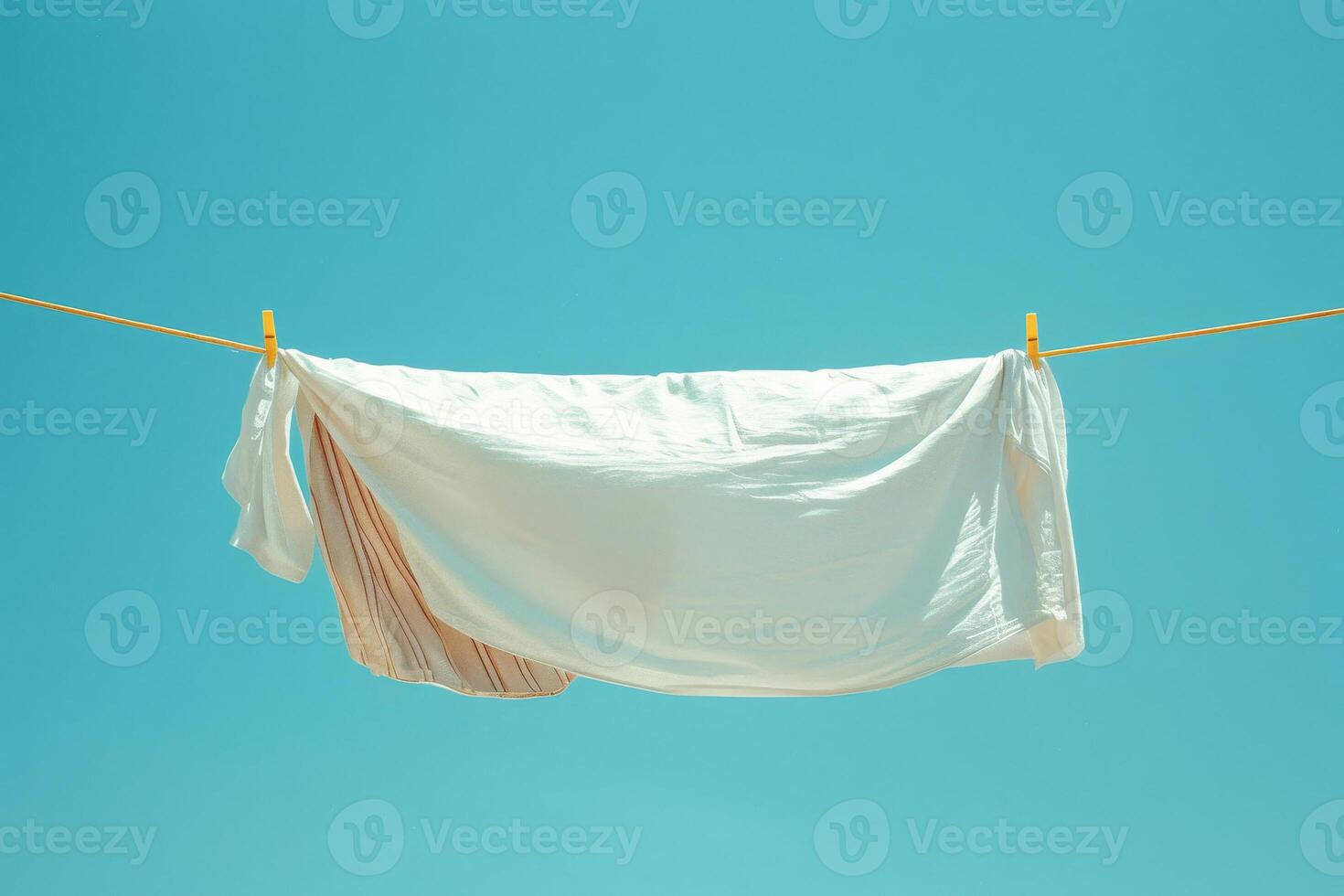 AI generated White clothes and linen hanging on a washing line against a clear blue sky photo