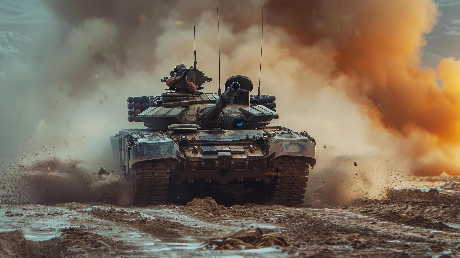 Tank Driving Down Dirt Road photo