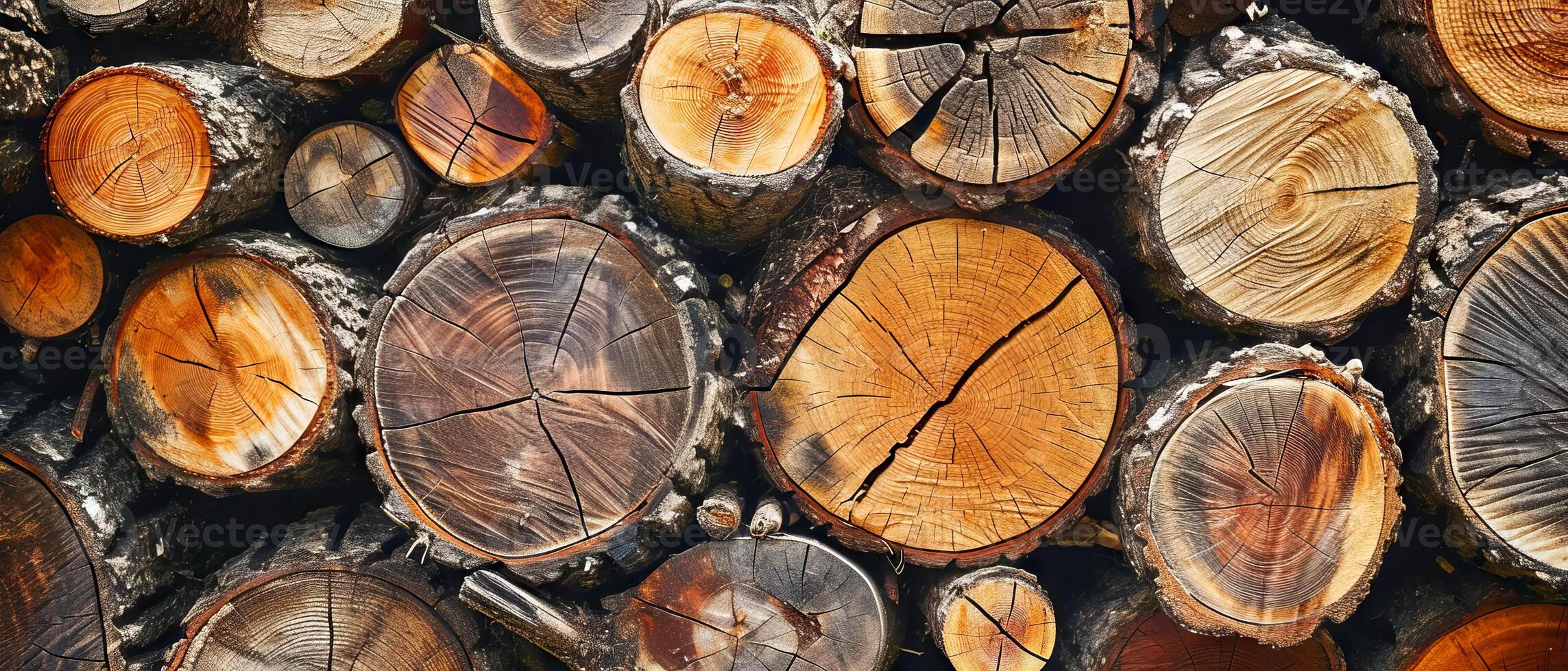 AI generated Detailed texture of a stack of freshly chopped logs, showcasing natural wood patterns photo