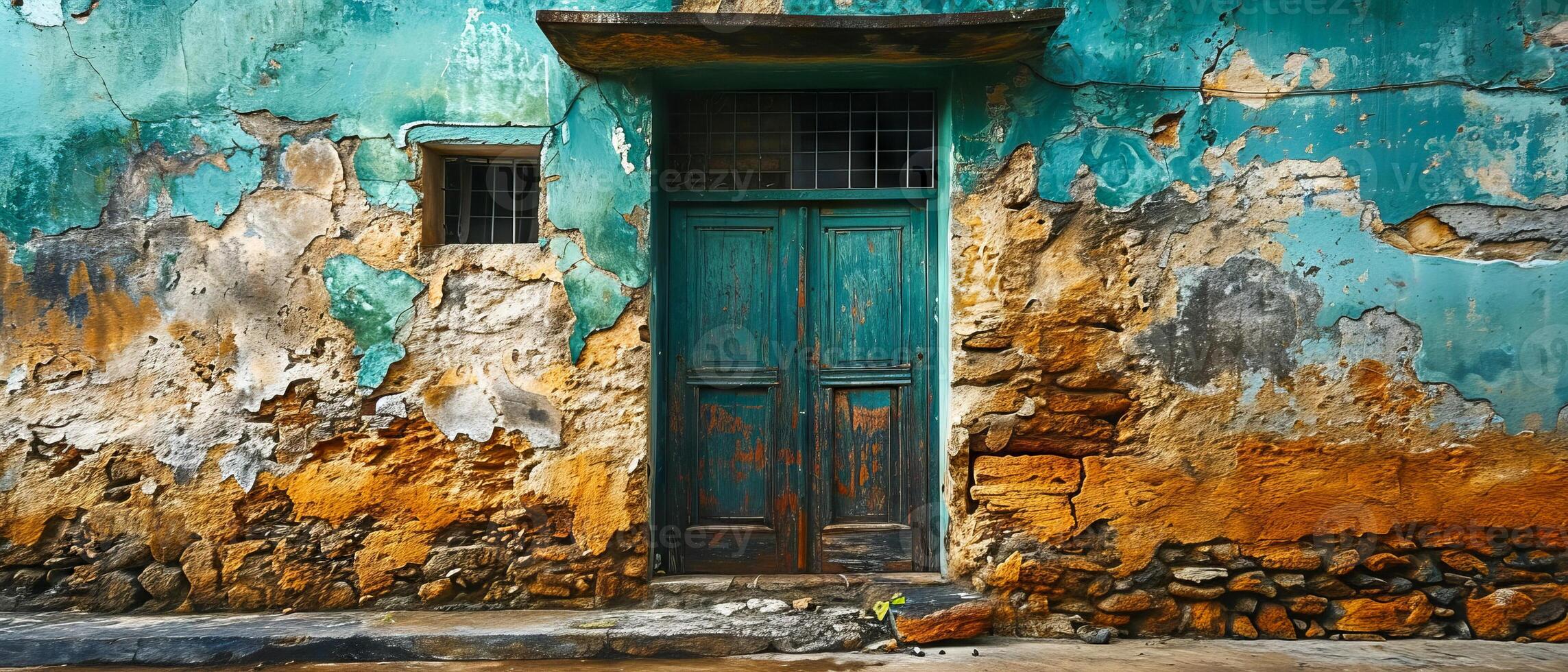 AI generated A wide view of an old wall with peeling green paint and rust stains, capturing the essence of decay and the passage of time photo