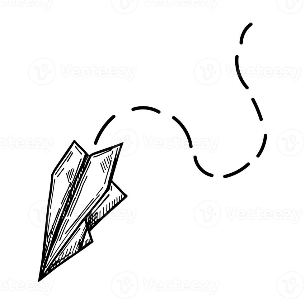 Line art illustration of a paper airplane in mid-flight, its path indicated by dashed lines, symbolizing creativity and the joy of simplicity photo