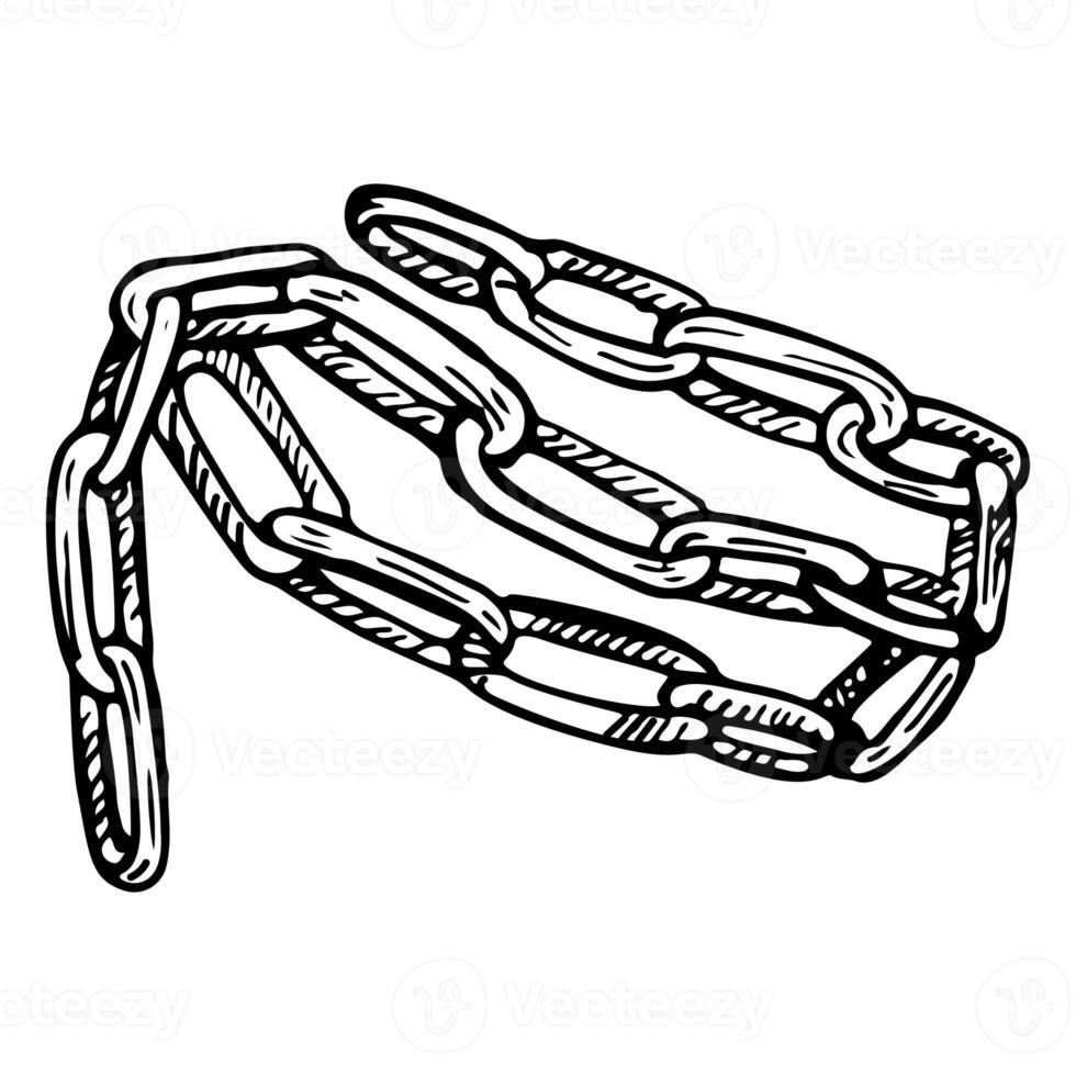 A detailed black and white ink sketch depicts the interlocking links of a chain, conveying concepts of connection and strength photo