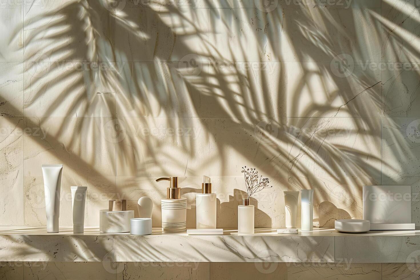 AI generated An artistic display of skincare products on a clean wooden surface, with the gentle play of palm tree shadows casting an elegant pattern photo