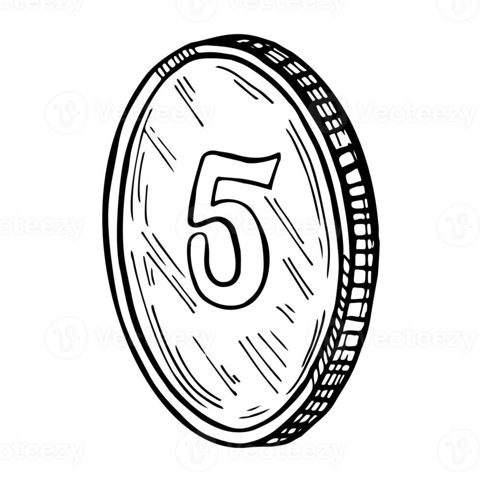 An artistic rendering of a coin featuring the number five, sketched in black and white, highlighting financial themes and numeric symbolism photo