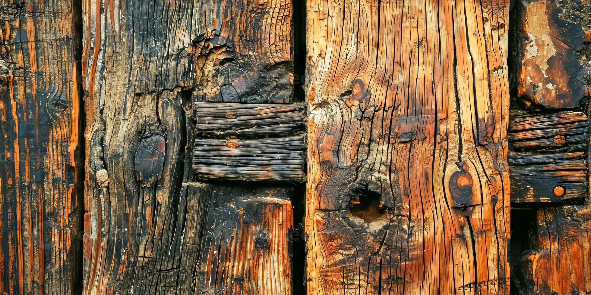 AI generated Vivid textures of worn wooden planks featuring knots, grain patterns, and rustic charm photo