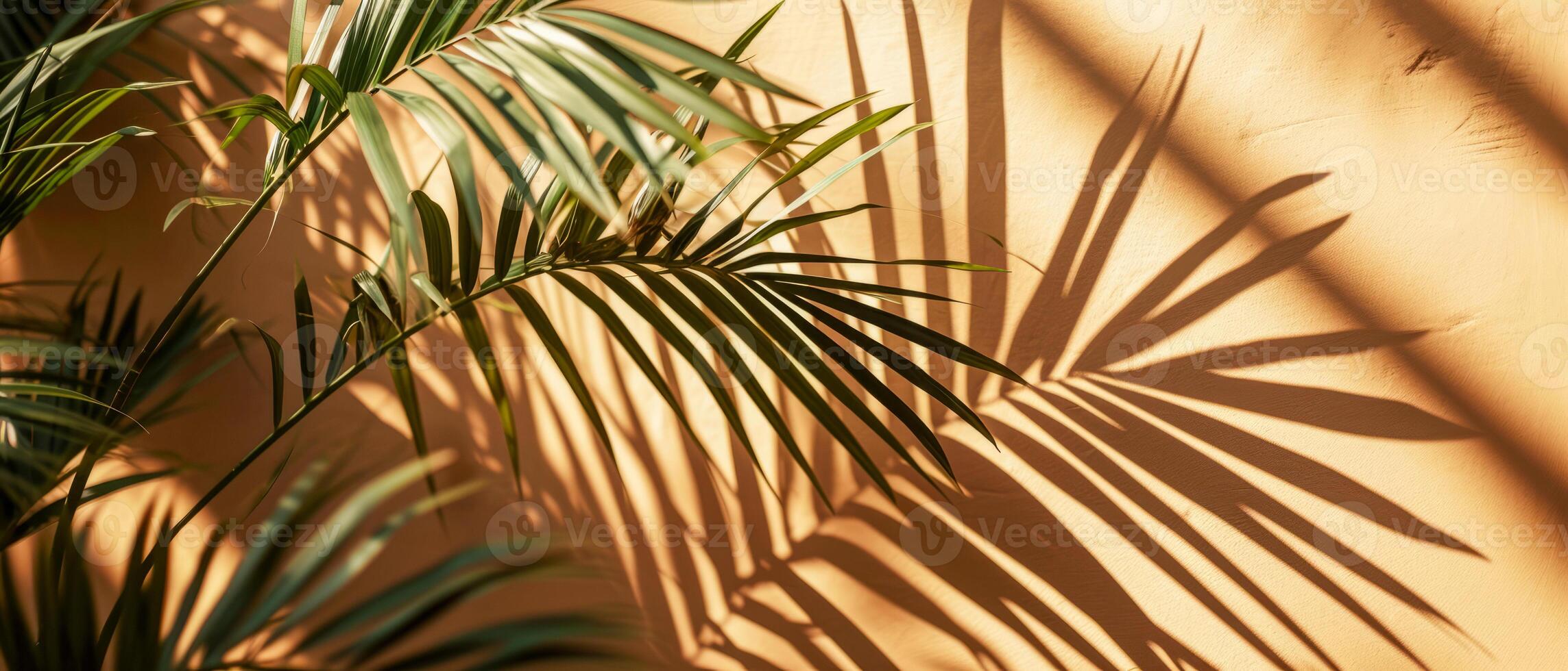 AI generated The interplay of light and shadow from tropical palm leaves creates an artistic pattern on a warm, textured wall photo
