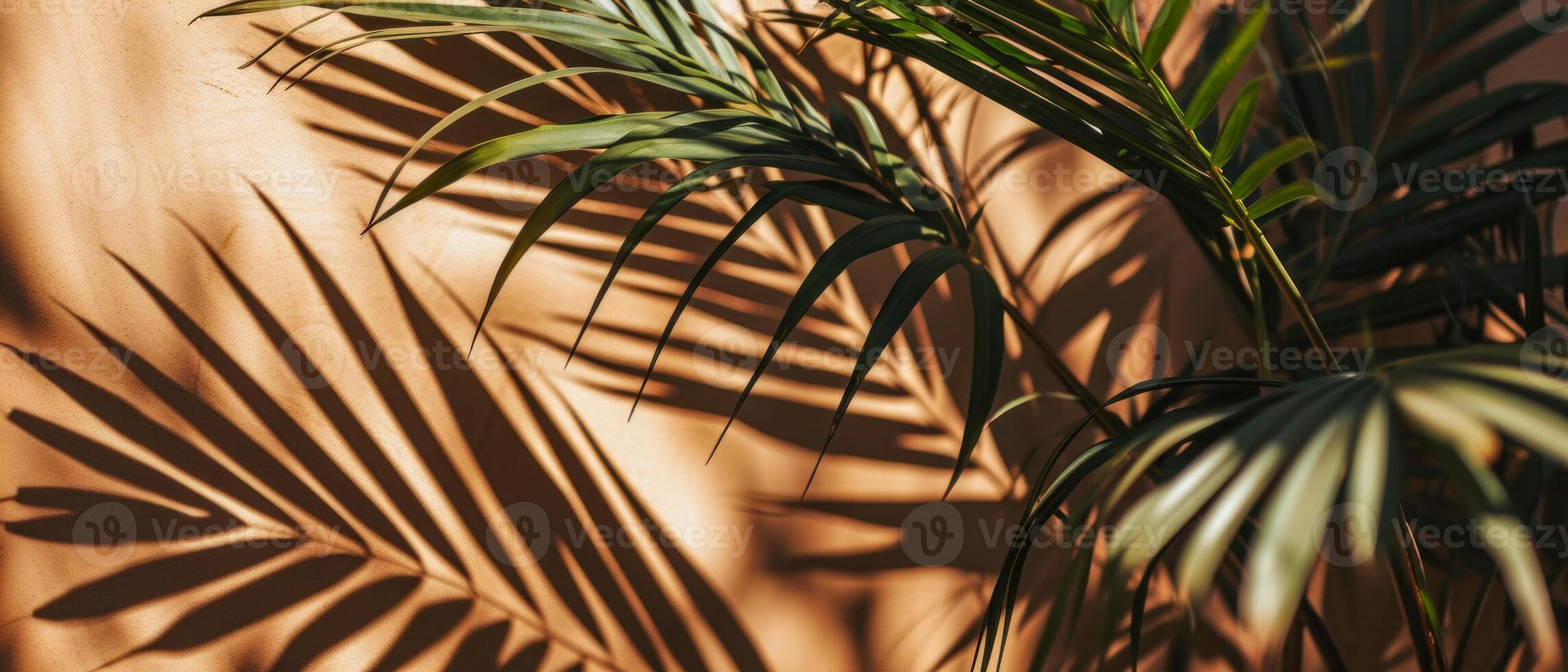 AI generated The interplay of light and shadow from tropical palm leaves creates an artistic pattern on a warm, textured wall photo