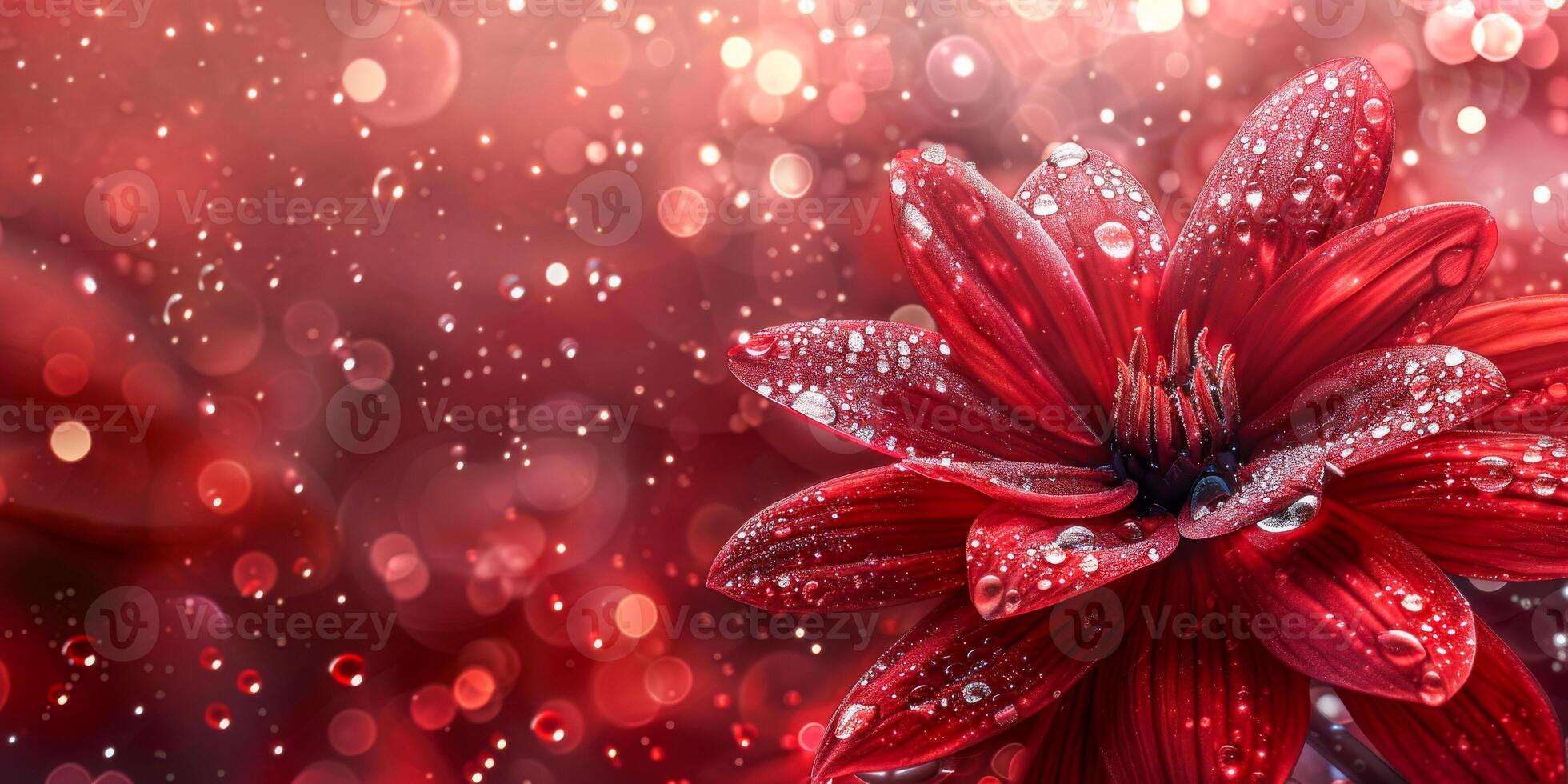 AI generated A luxurious ruby red dahlia, crowned with glistening dewdrops, is set against a vibrant, sparkling red bokeh background photo