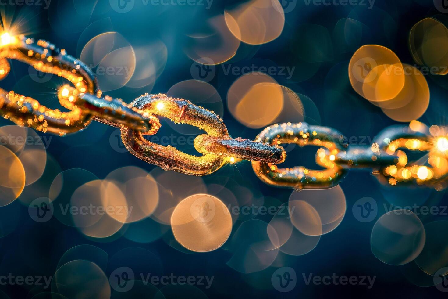 AI generated Close-up sparkling chain link with bokeh light effects on a dark background photo