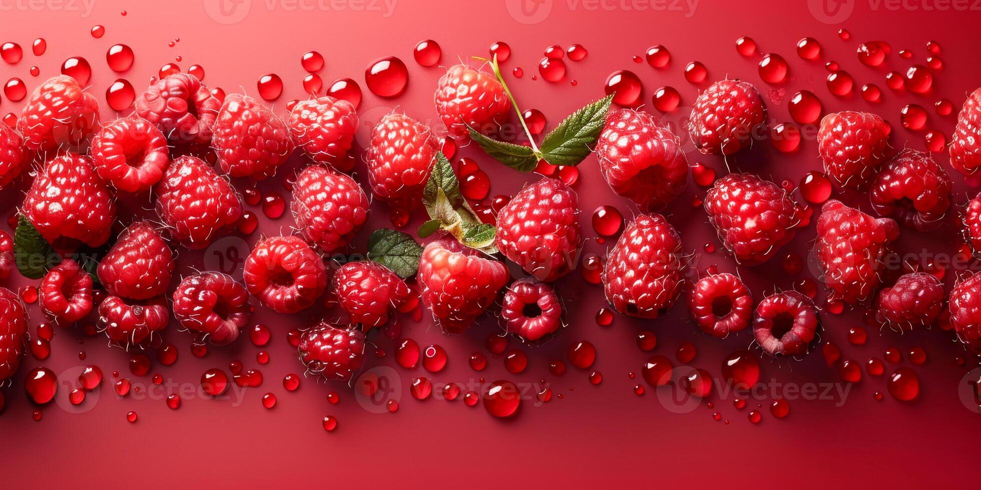 AI generated Composition of bright red raspberries with a soft red background for a sweet design photo