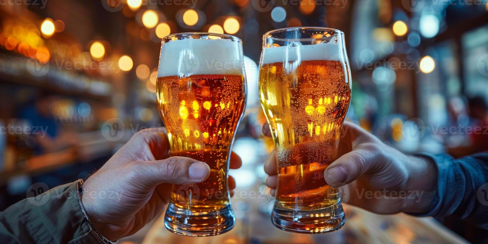 AI generated Two individuals holding beer glasses and making a toast in a lively bar setting. The scene captures a moment of celebration and socializing photo