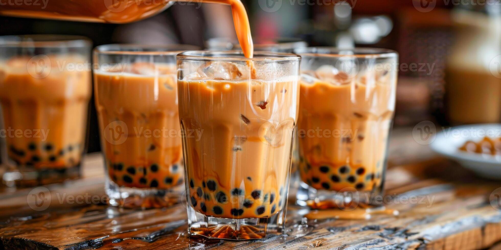 AI generated The dynamic moment of milk tea being poured over tapioca, creating splashes and capturing the movement photo