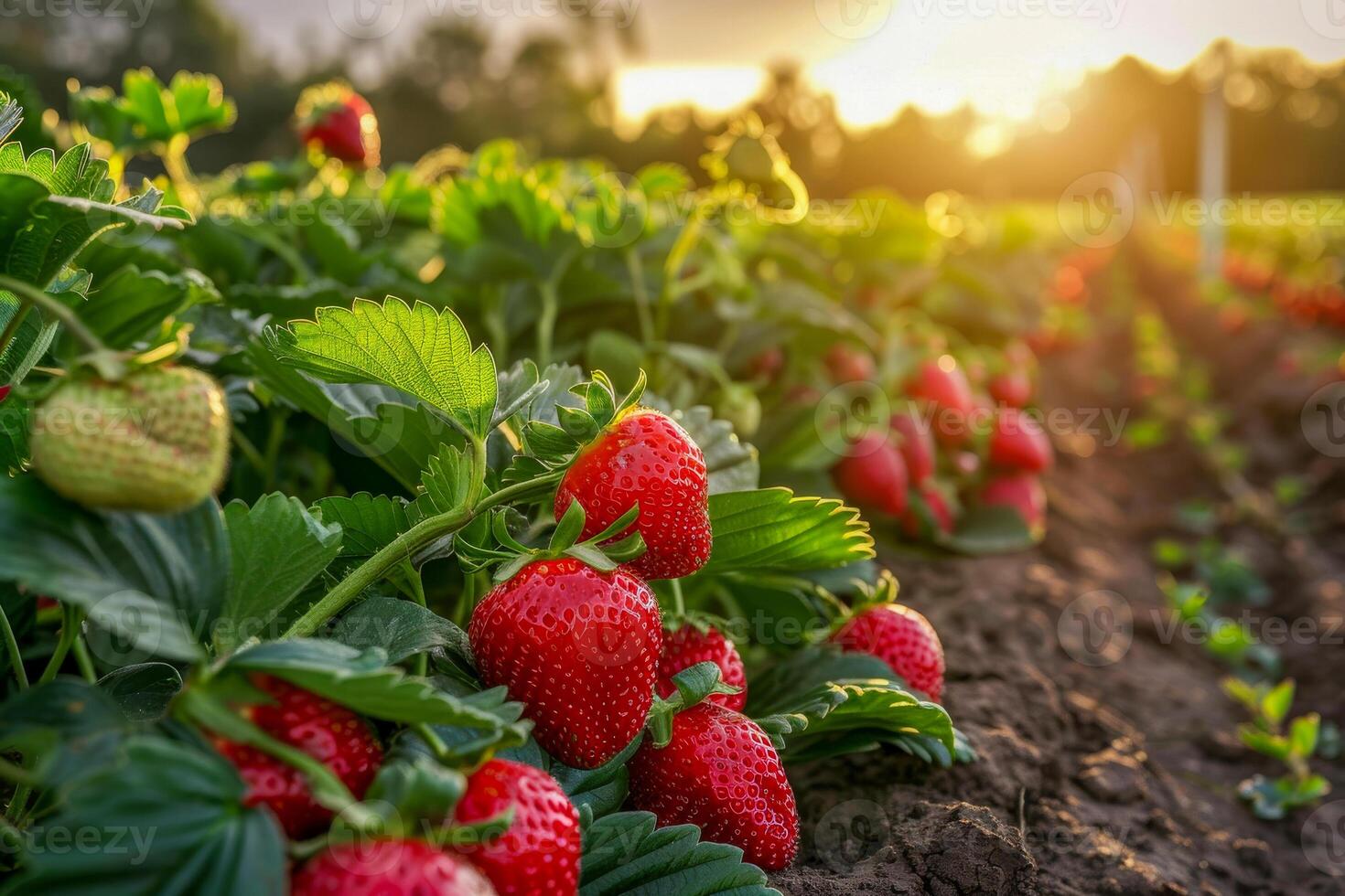 ai generado lozano fresa plantas Llevando maduro Fruta durante un sereno atardecer, capturar el belleza de sostenible agricultura foto