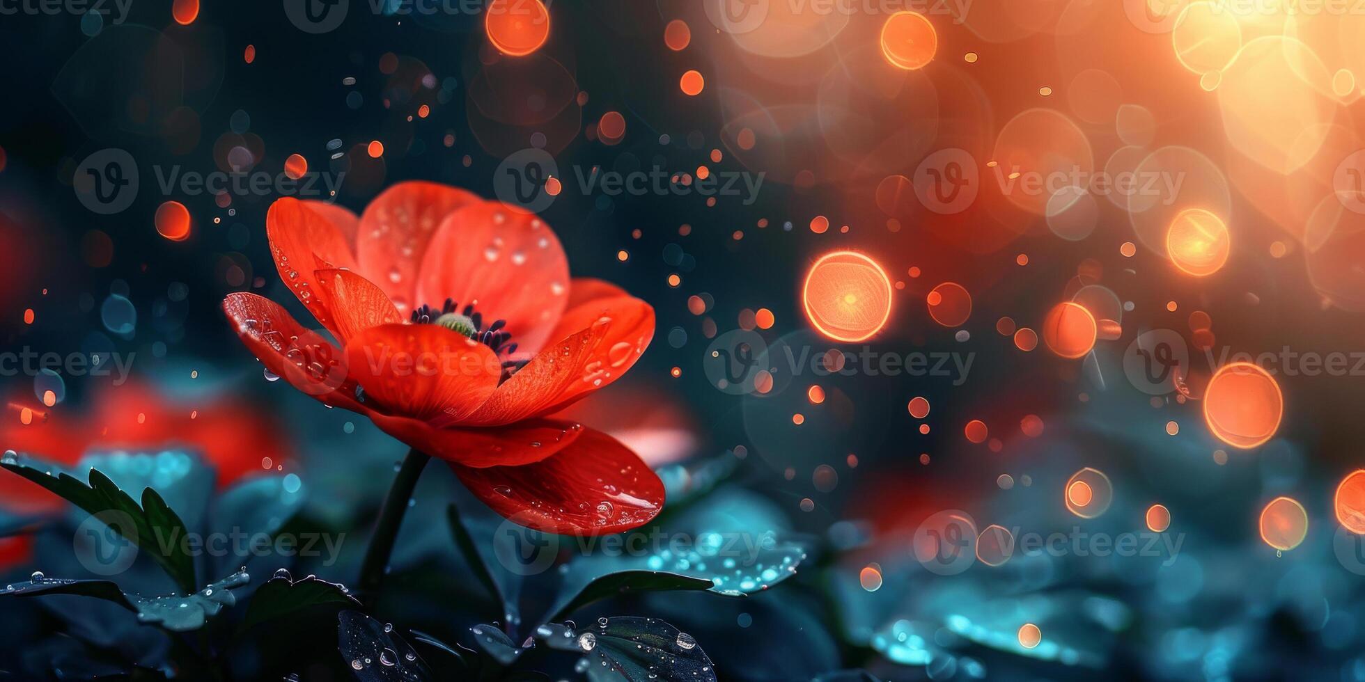 ai generado un vibrante rojo flor, brillante con Fresco Rocío gotas, soportes fuera en contra un bokeh de crepúsculo destellos foto