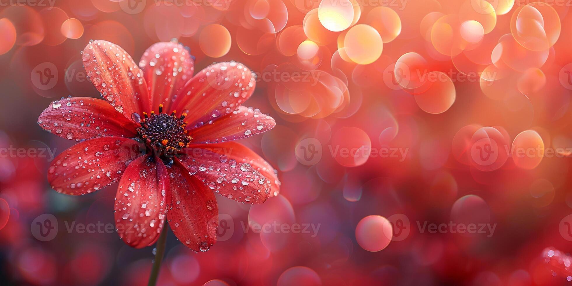 AI generated A scarlet flower, caressed by dew under a soft glow, stands against a sea of crimson bokeh, embodying passion and warmth photo