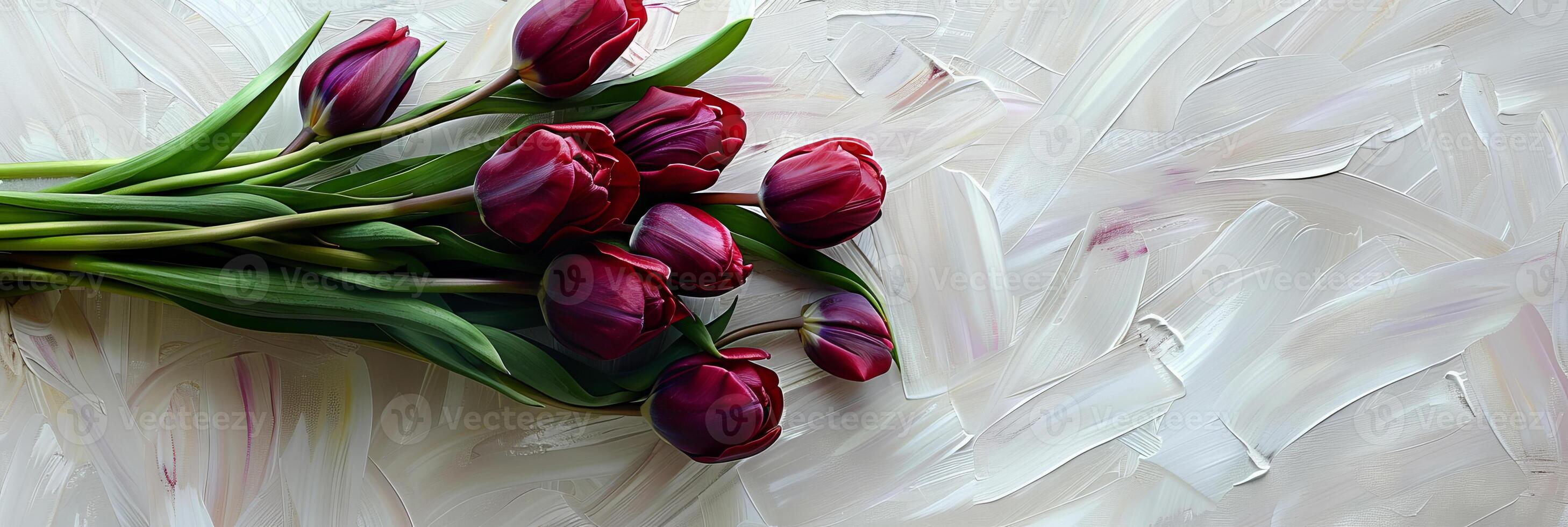 AI generated Bunch of purple tulips lying on a painted white background. photo