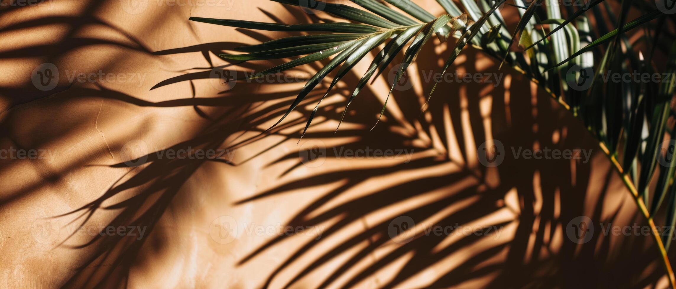 AI generated The interplay of light and shadow from tropical palm leaves creates an artistic pattern on a warm, textured wall photo