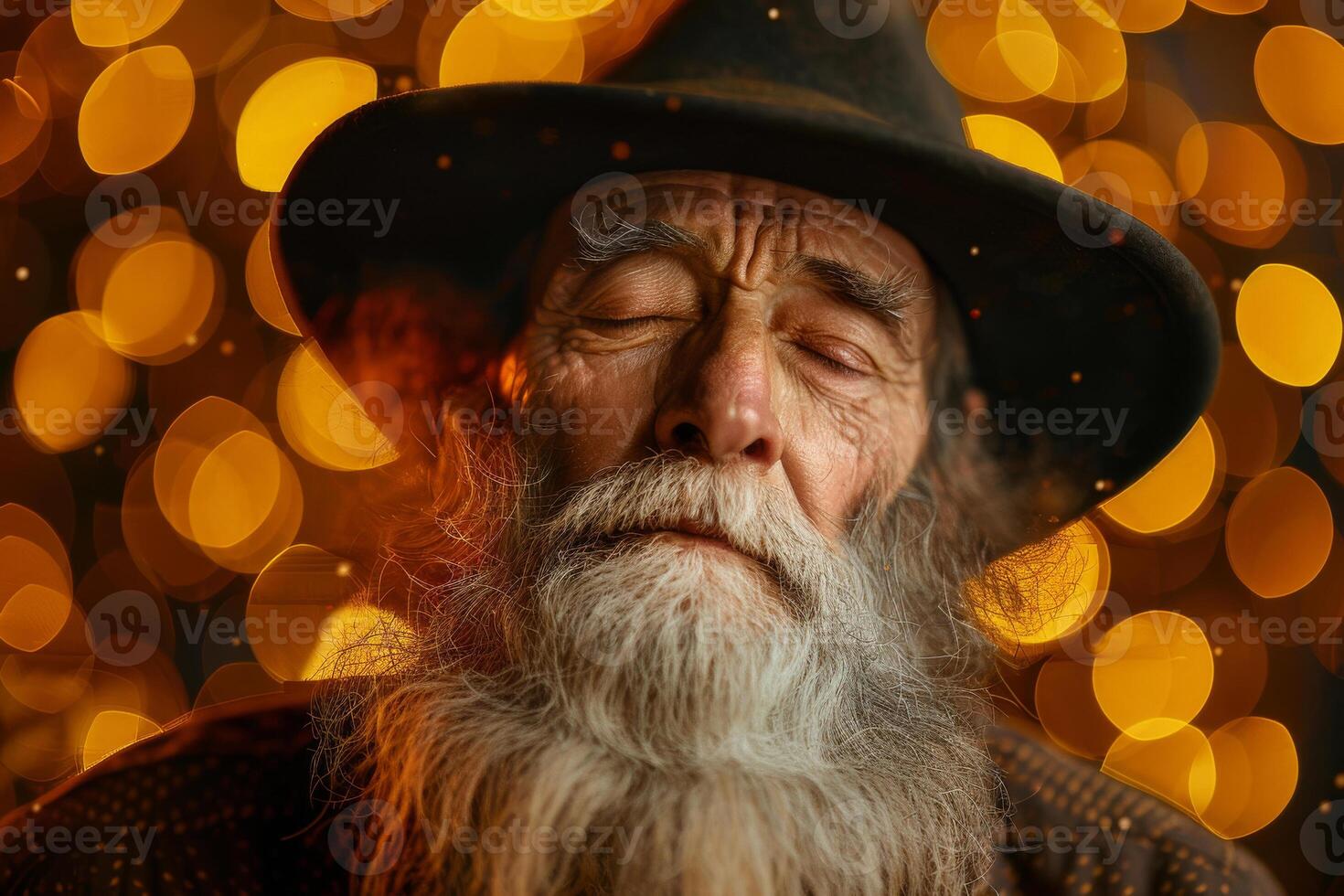 AI generated Wise old man with a flowing beard and a solemn expression, wearing a hat, praying with closed eyes against a backdrop of golden bokeh lights photo