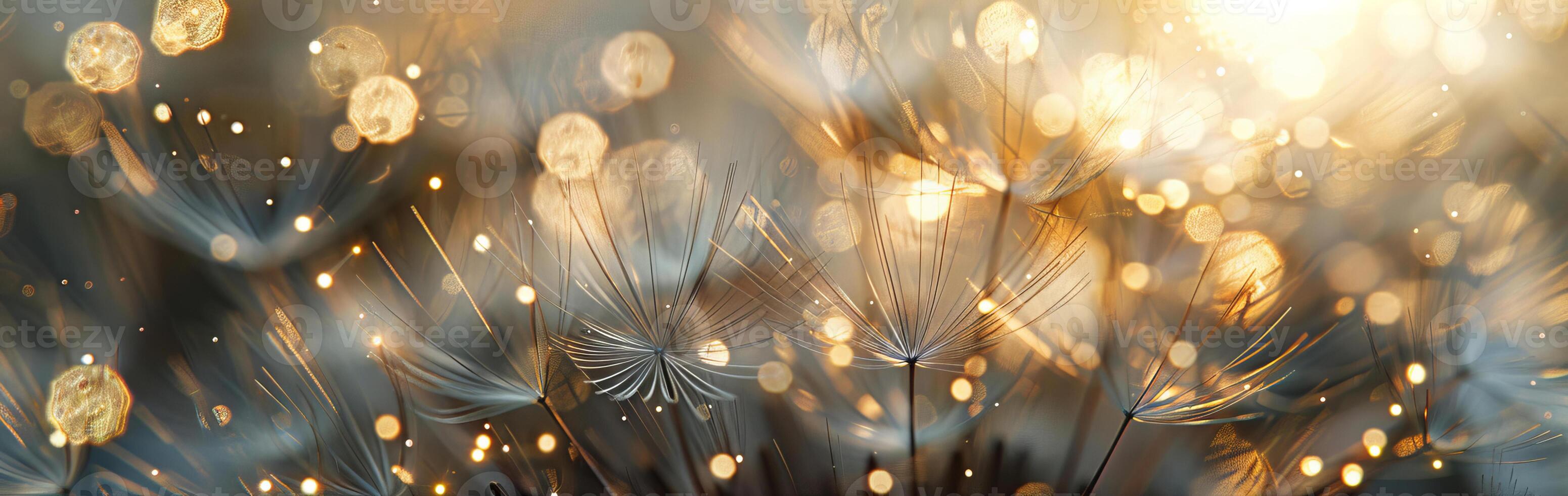AI generated A panoramic view capturing the ethereal dance of dandelion seeds adrift in the air, illuminated by a warm, glittering bokeh light effect photo
