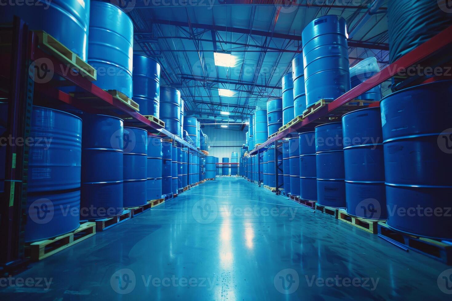 AI generated Inside a spacious distribution center with multiple blue industrial drums on pallets, the scene bathed in the blue tint of the ambient warehouse light. photo