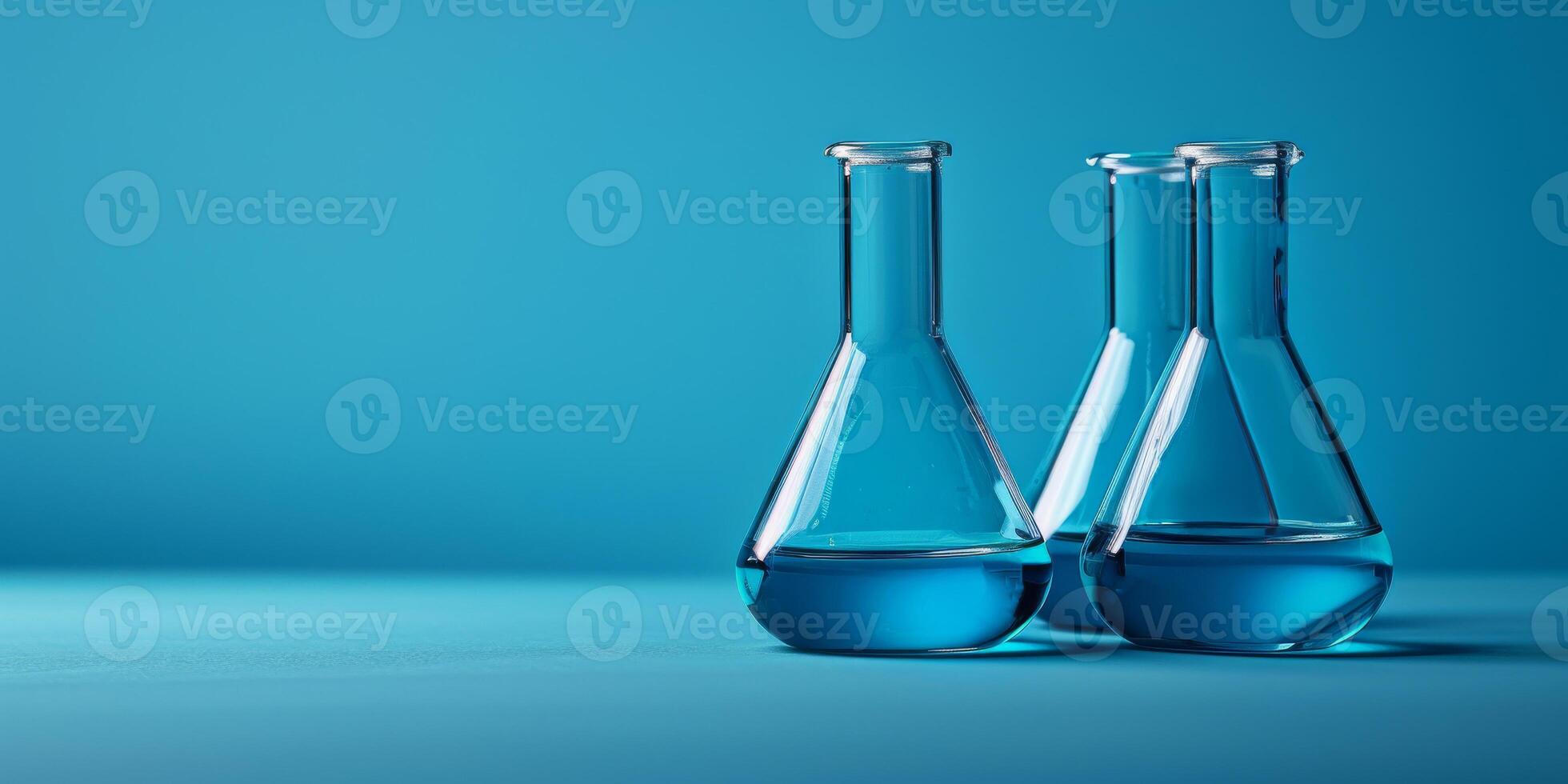 AI generated Three laboratory glass flasks with blue liquids, neatly arranged on a blue surface with a minimalist scientific setup photo