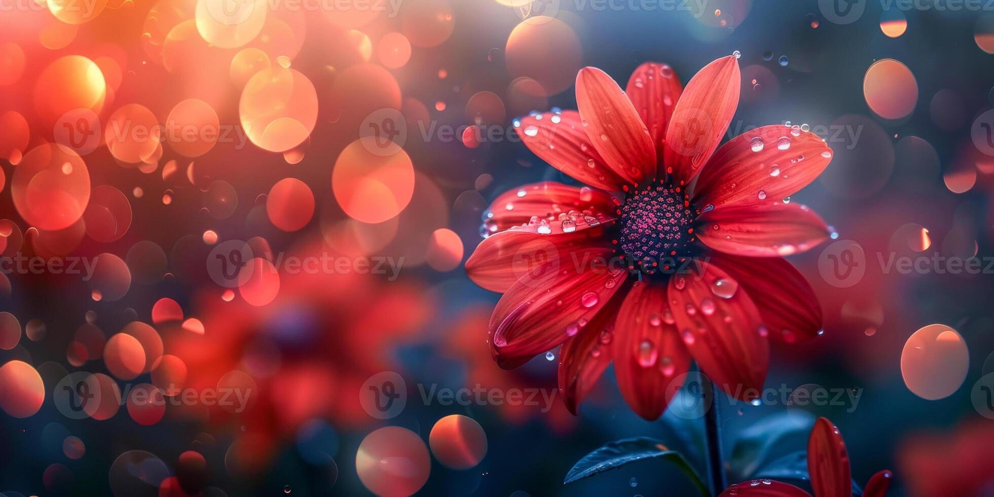 AI generated A solitary red flower glistens with morning dew against a soft-focus background of golden light and bokeh, capturing the serene beauty of nature photo