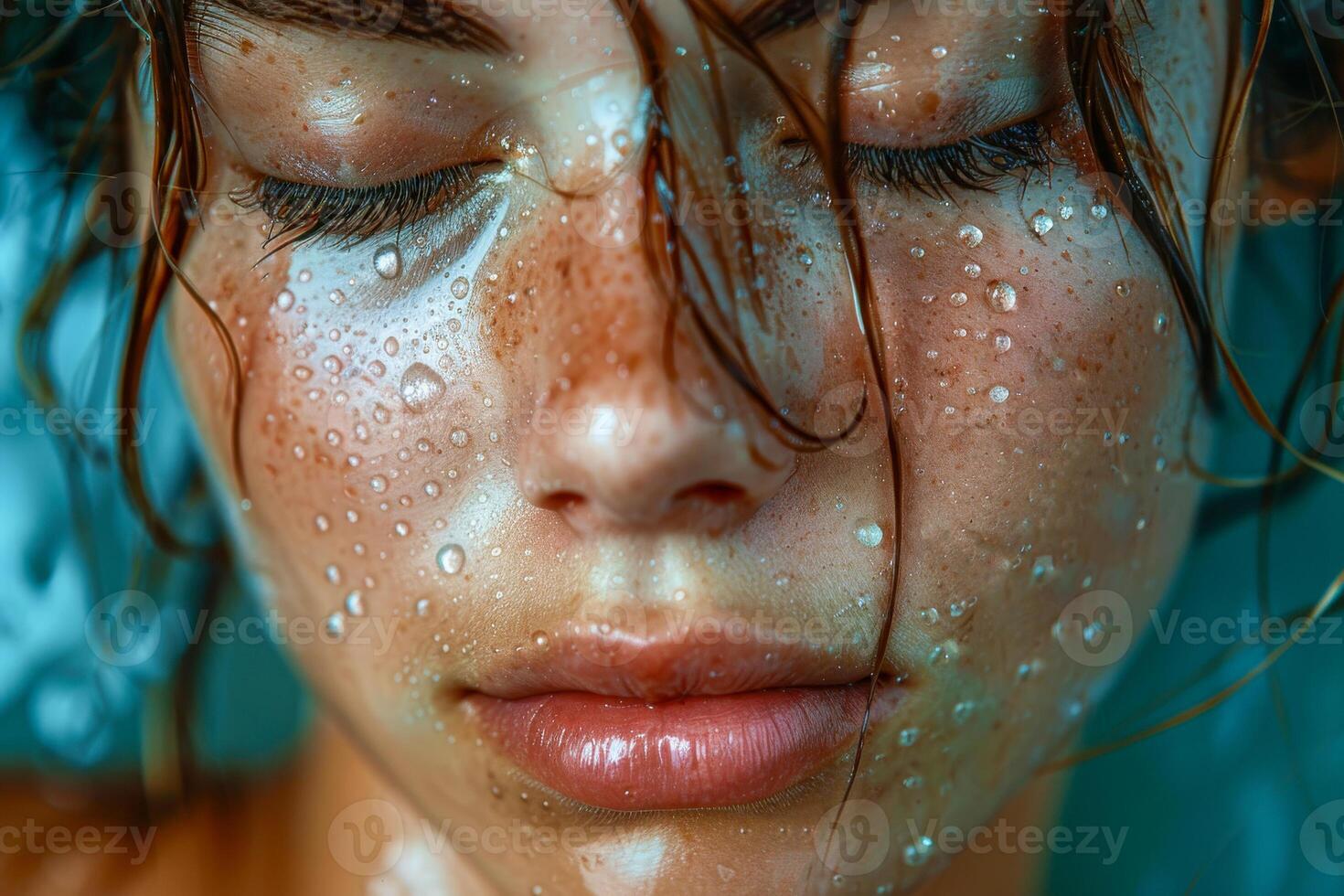 AI generated Close-Up of a Womans Face with Water Droplets photo