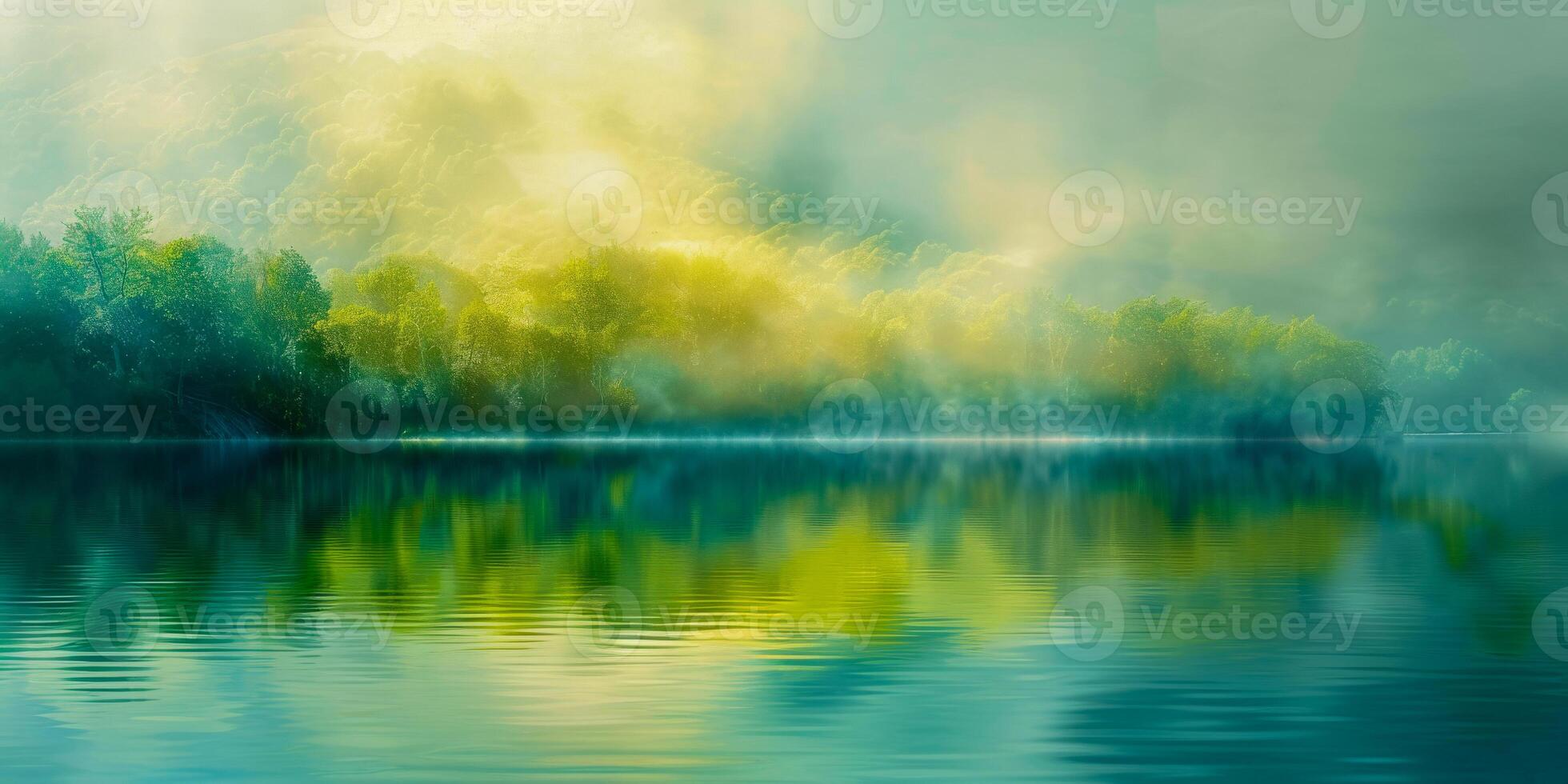 AI generated Misty Lake Sunrise Reflecting on Tranquil Waters photo