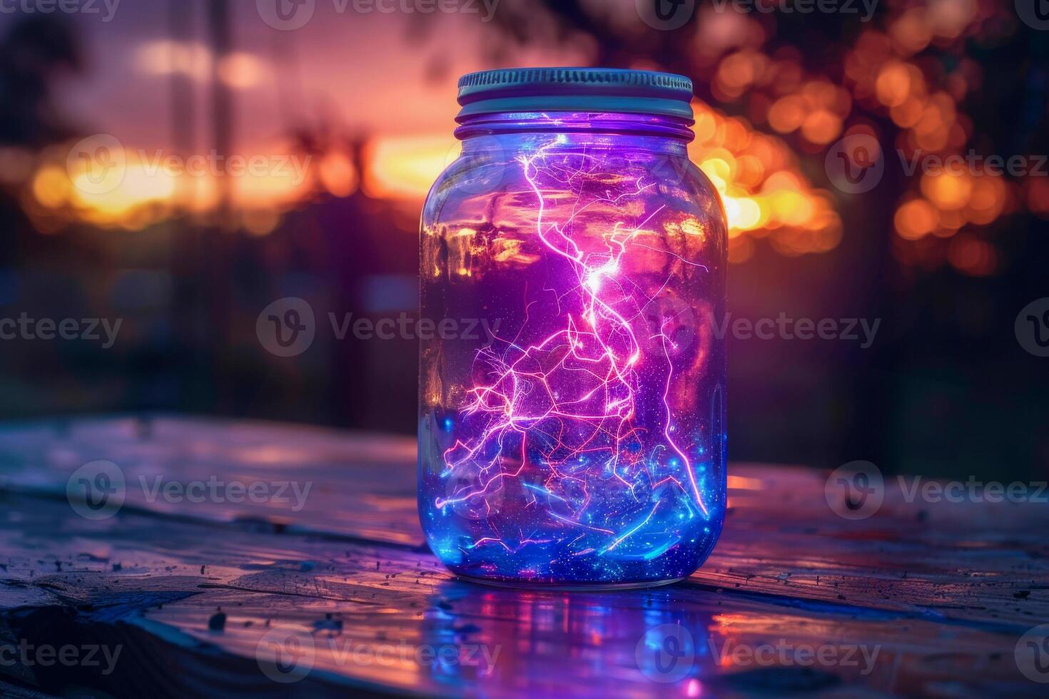 AI generated An electrifying blue lightning effect encapsulated in a jar, contrasting with the warm tones of a sunset photo