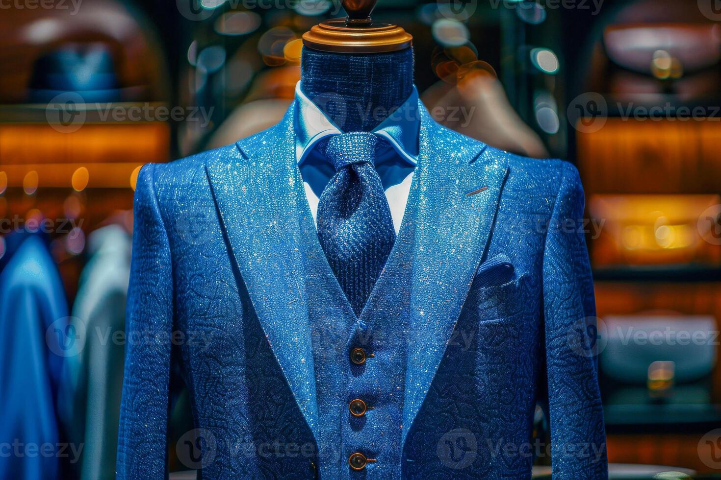 ai generado de moda azul negocio traje con un pareo Corbata en un monitor tonto en un exclusivo ropa de caballero almacenar, selectivo atención con un oscuro atmosférico ajuste foto