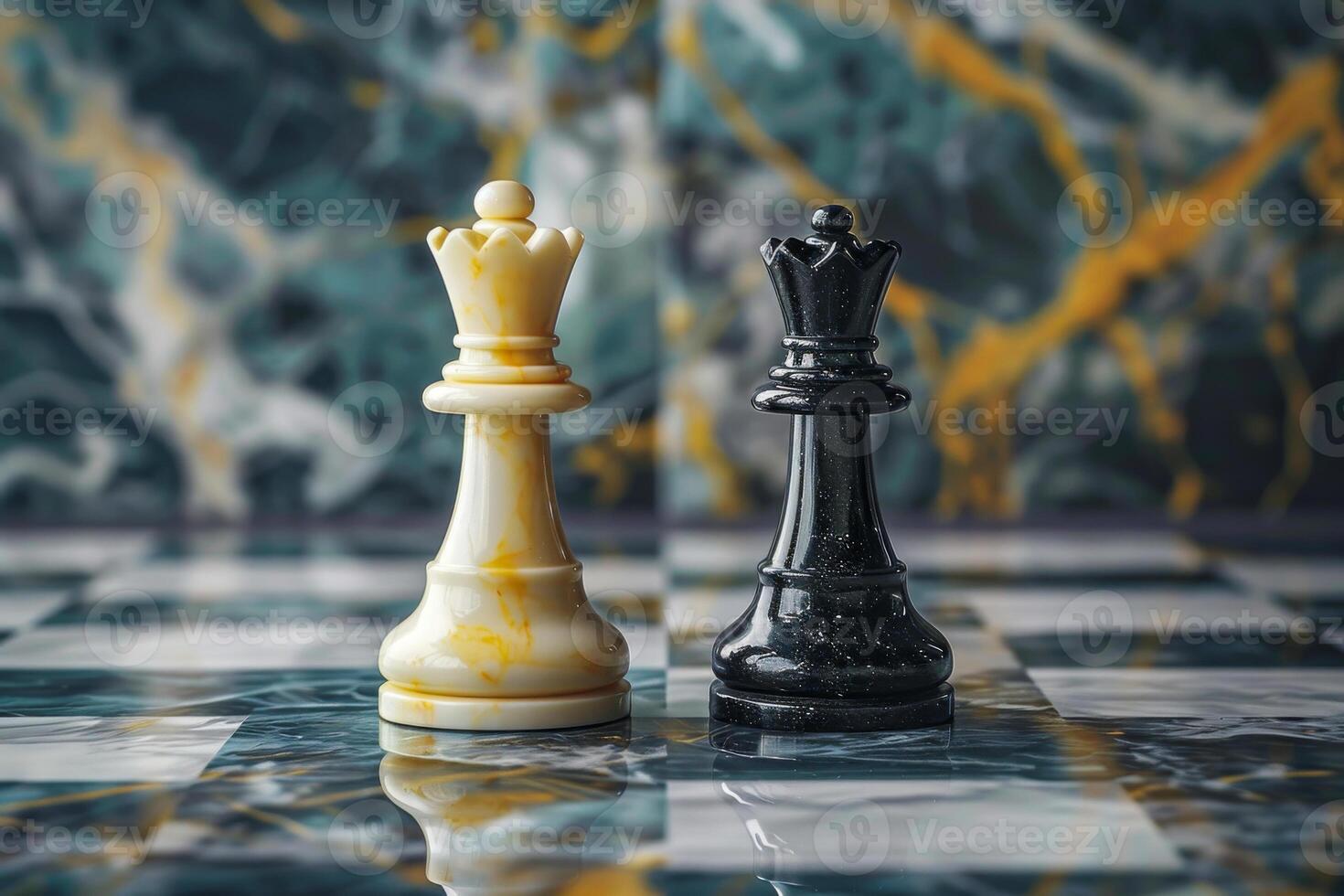 AI generated A white queen and black stand on a marble chessboard, embodying the strategy and power play integral to the game. photo