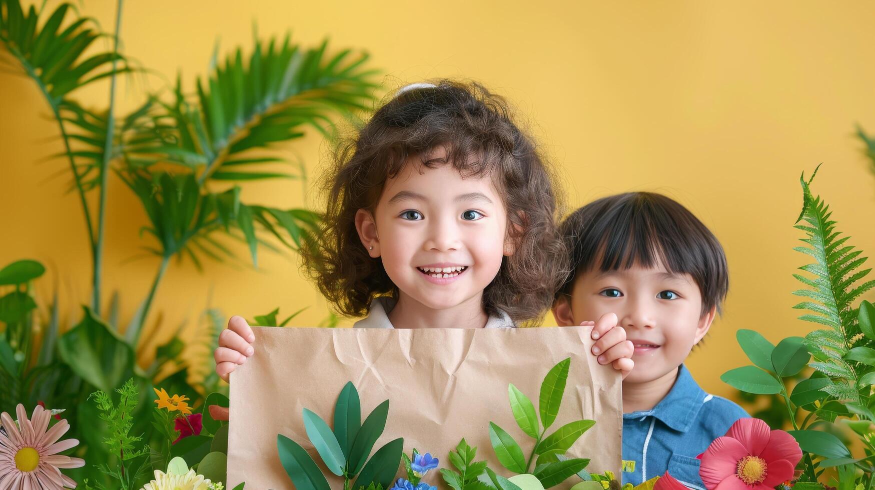 dos niños participación un papel bolso con flores foto