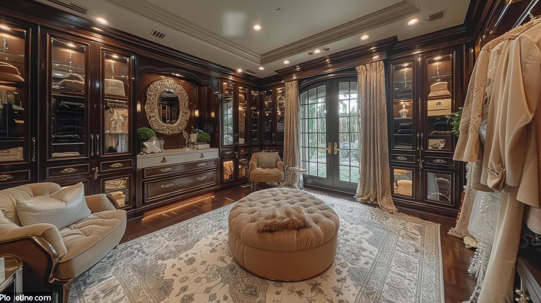 Living Room Filled With Furniture and Large Mirror photo