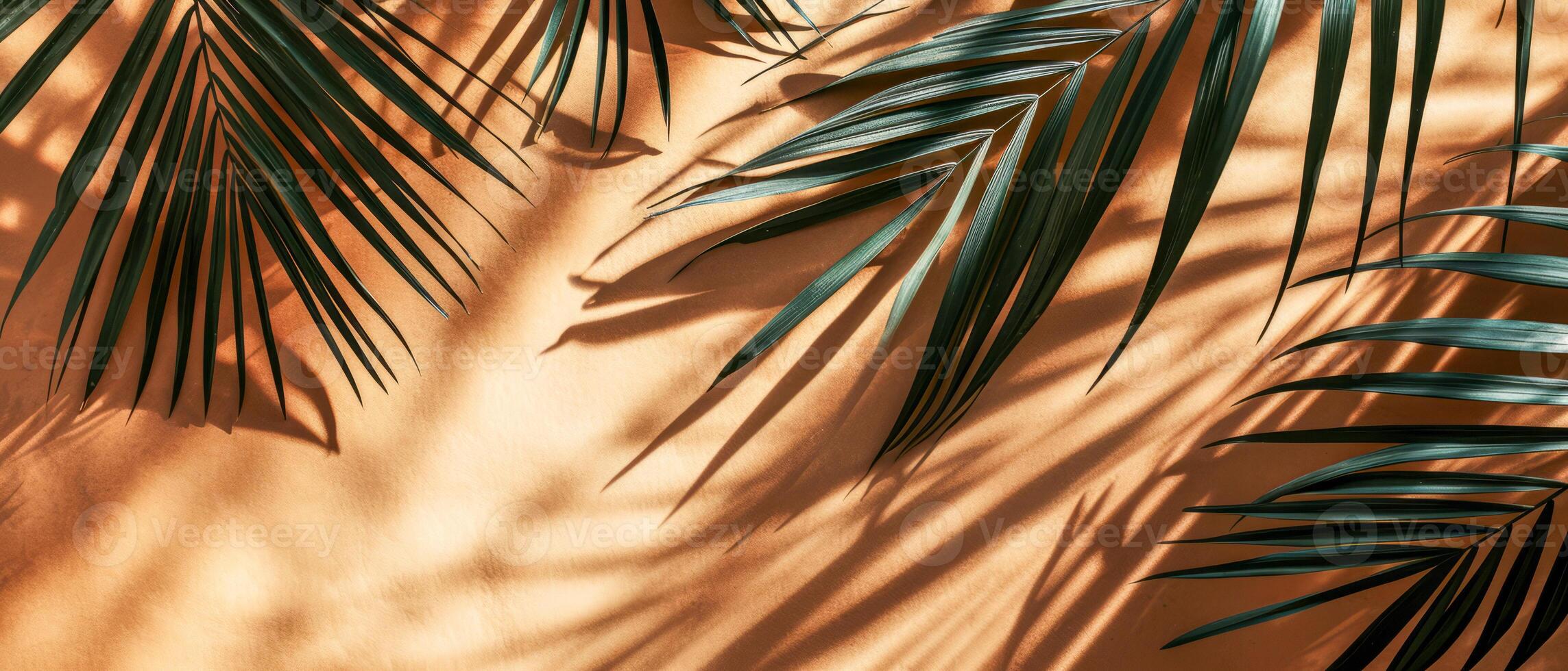 AI generated The interplay of light and shadow from tropical palm leaves creates an artistic pattern on a warm, textured wall photo