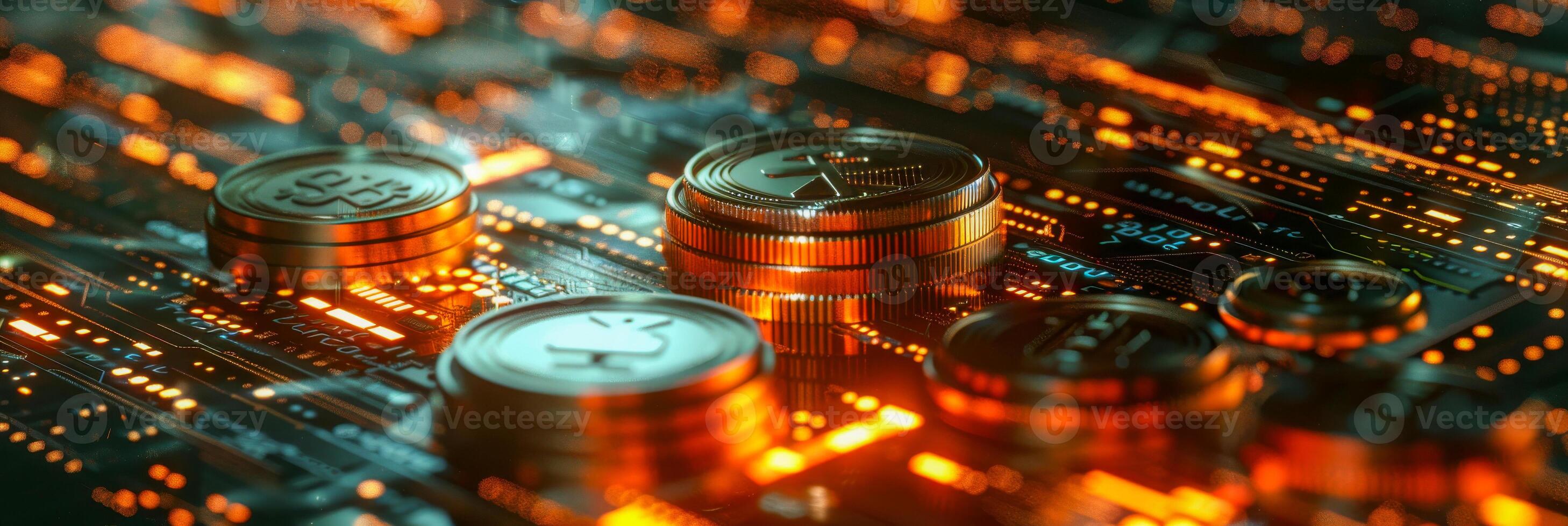 AI generated Gleaming cryptocurrency coins stack on glowing circuit boards, symbolizing the intersection of technology and finance in the digital age photo