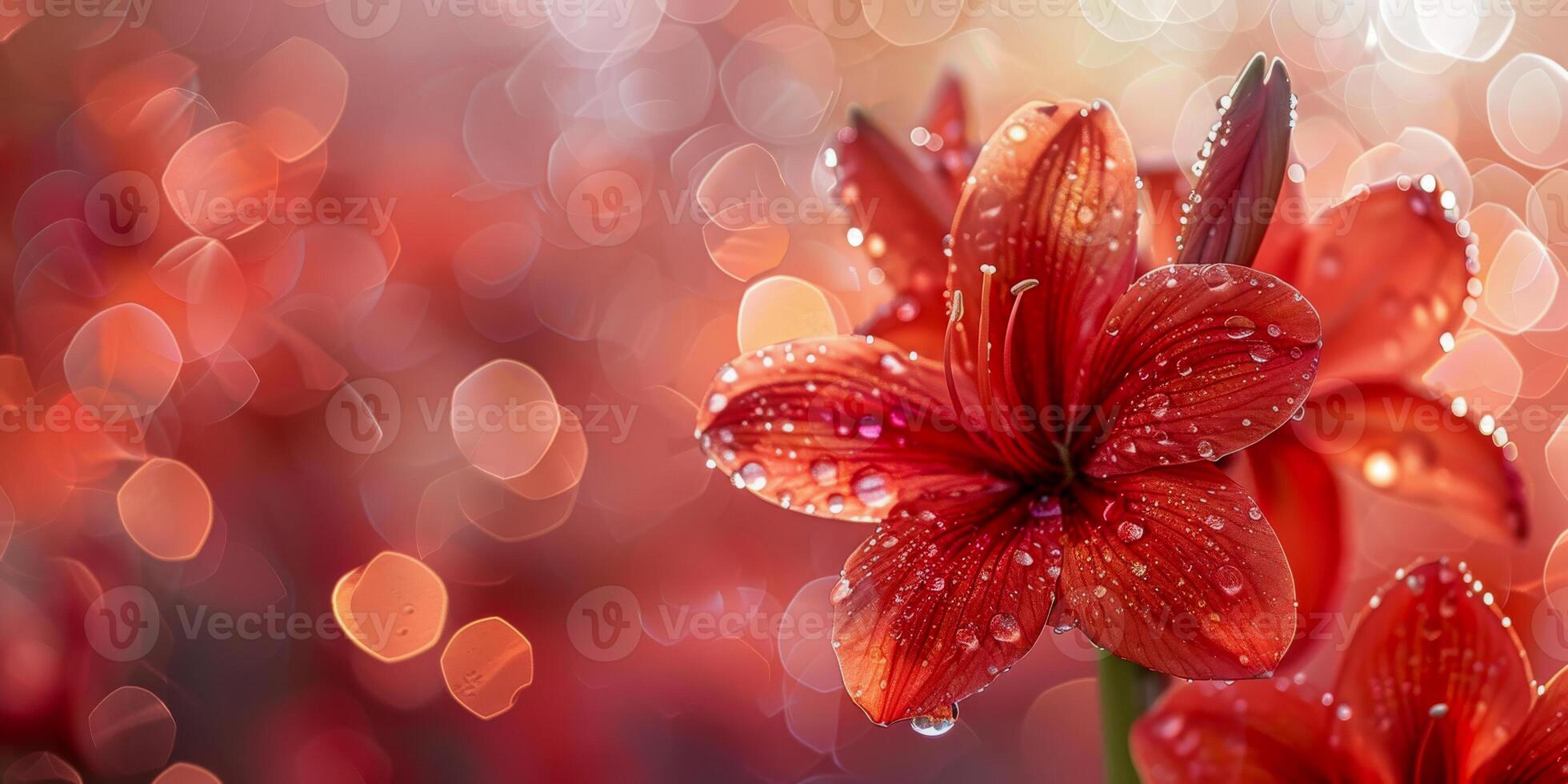 ai generado delicado Rocío se aferra a el pétalos de un carmesí lirio, conjunto en contra un amable bokeh ligero fondo, evocando un sereno, mágico momento foto