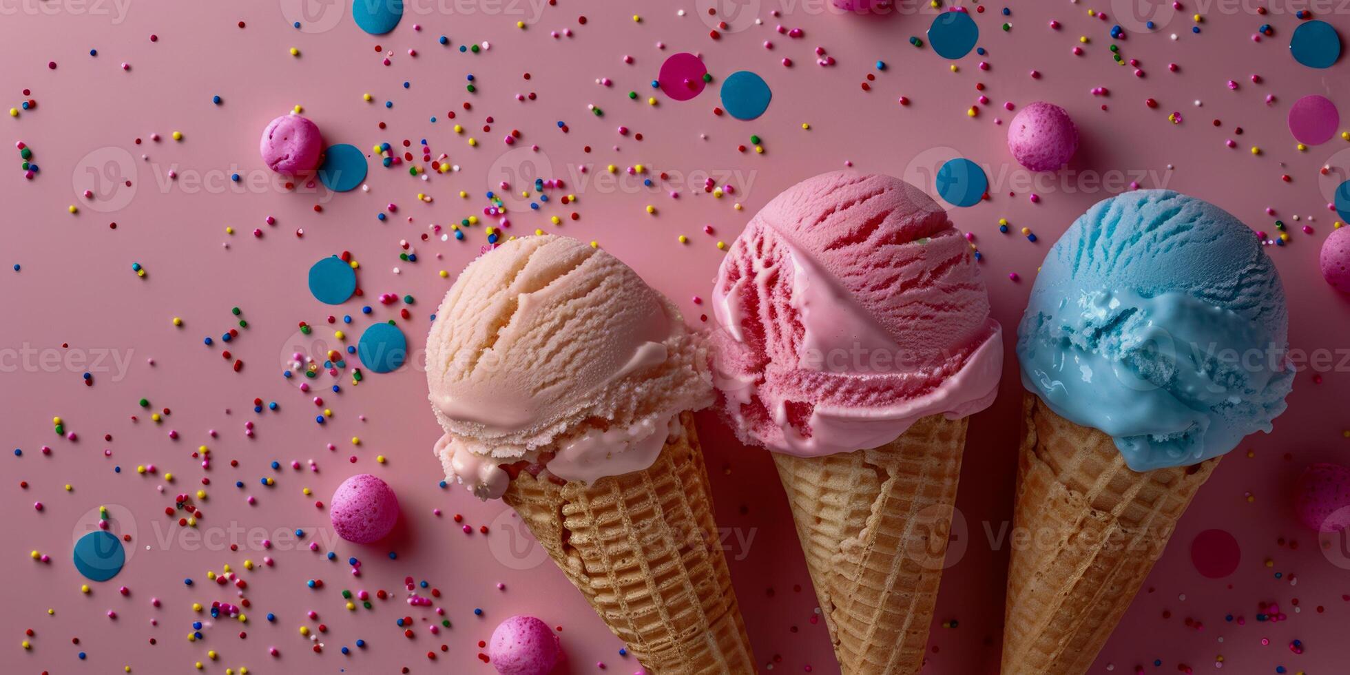 AI generated A variety of colorful ice cream cones with sprinkles are aligned on a pink background with confetti, evoking a festive mood photo