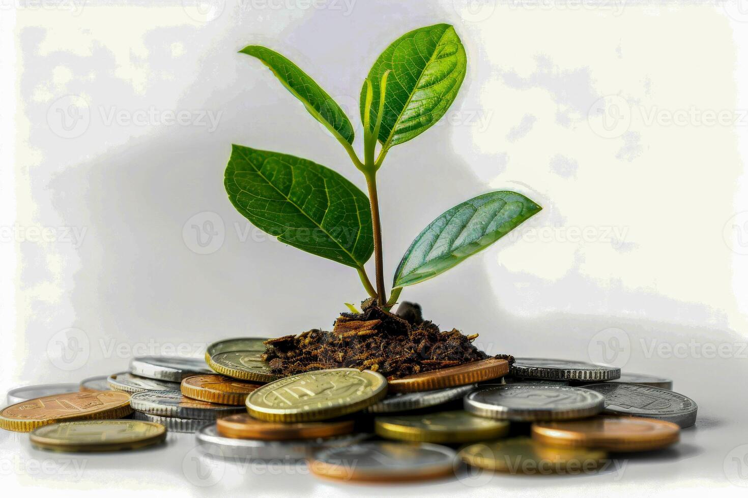 ai generado Fresco hojas de un joven planta emergente desde Rico suelo dispersado con varios monedas, representando el idea de nutriendo inversiones. foto