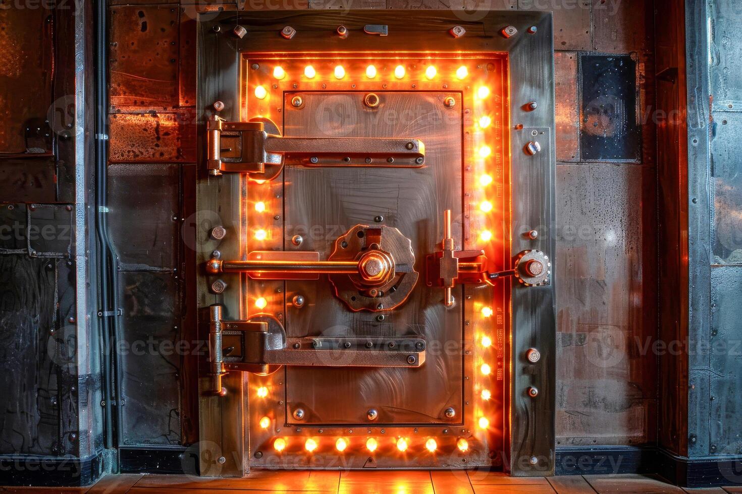 AI generated Glowing Neon Lights Adorn Secure Steel Bank Vault Door photo