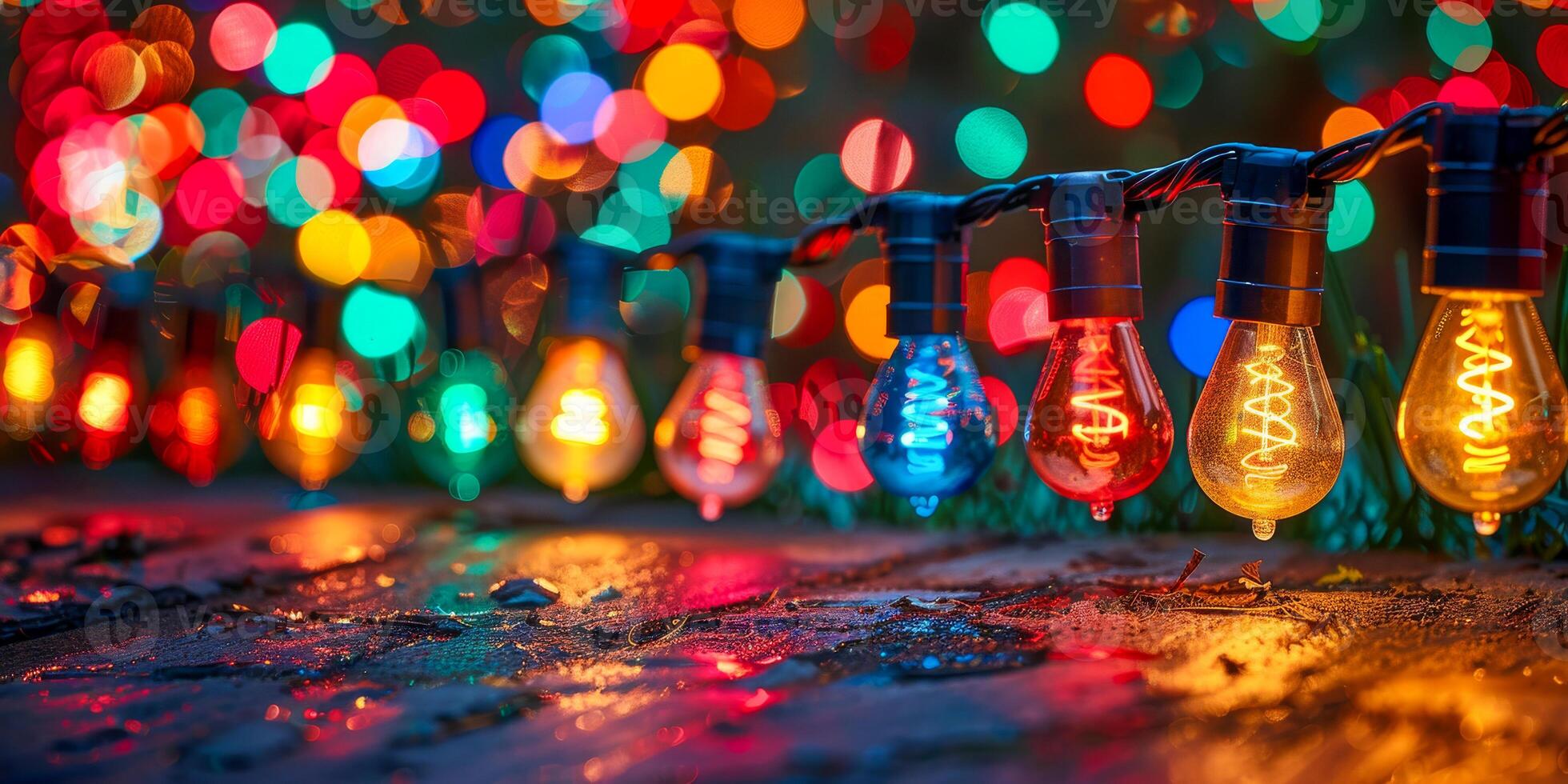 AI generated Series of light bulbs casting a soft glow amidst a backdrop of festive lights photo