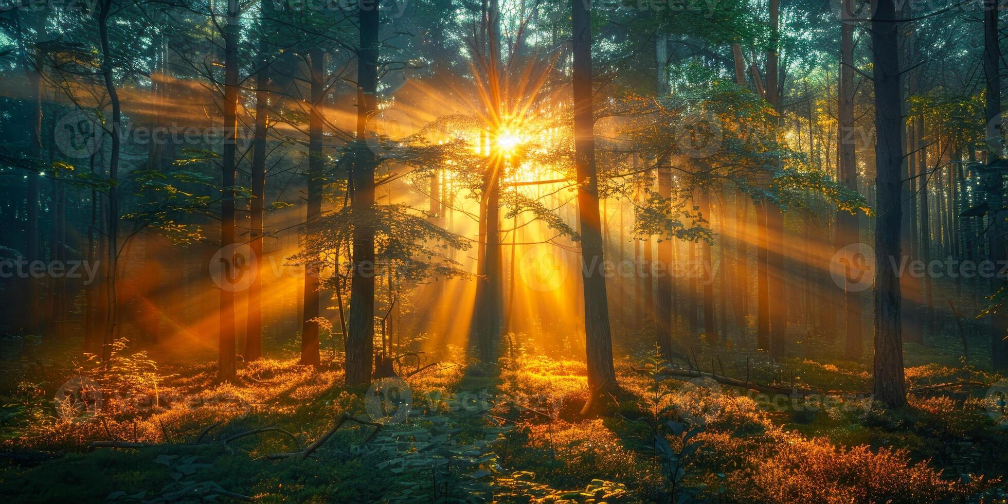 ai generado bosque paisaje con rayos de Dom perforación mediante el follaje foto