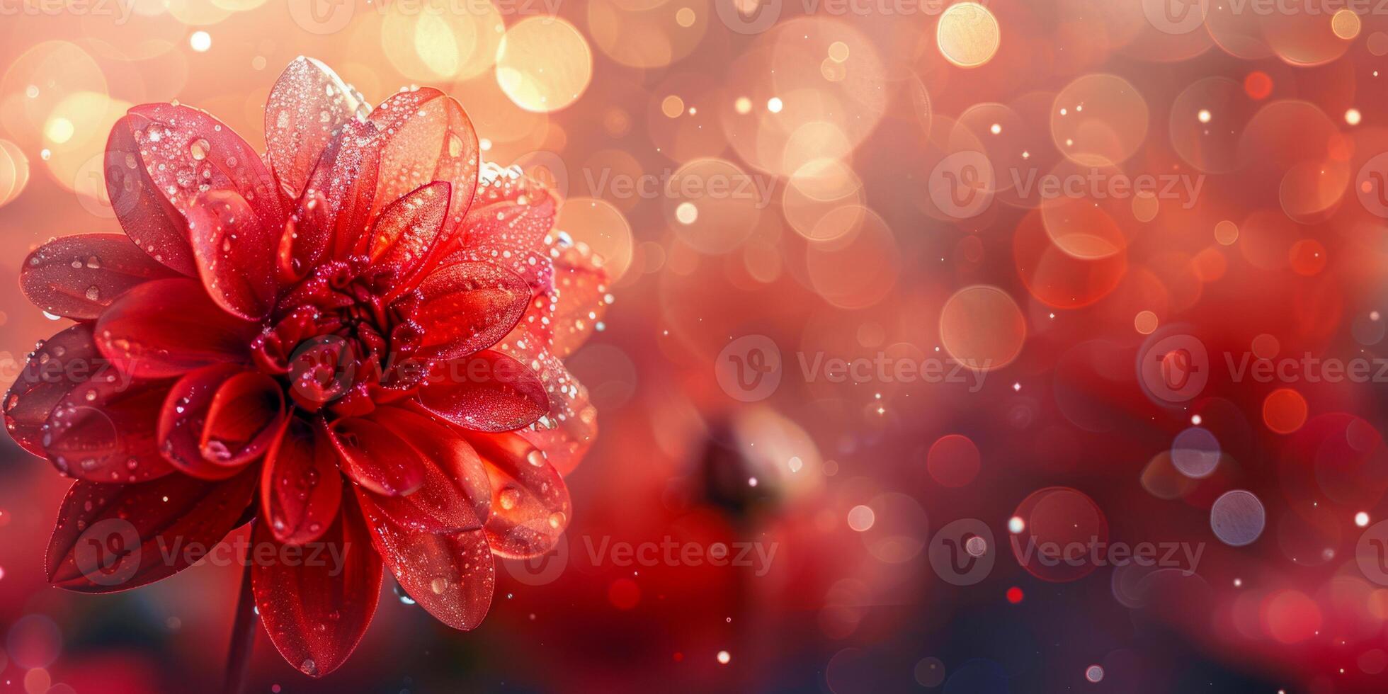 AI generated A vibrant red bloom, glistening with water droplets, stands out against a soft bokeh light backdrop, creating a magical atmosphere photo