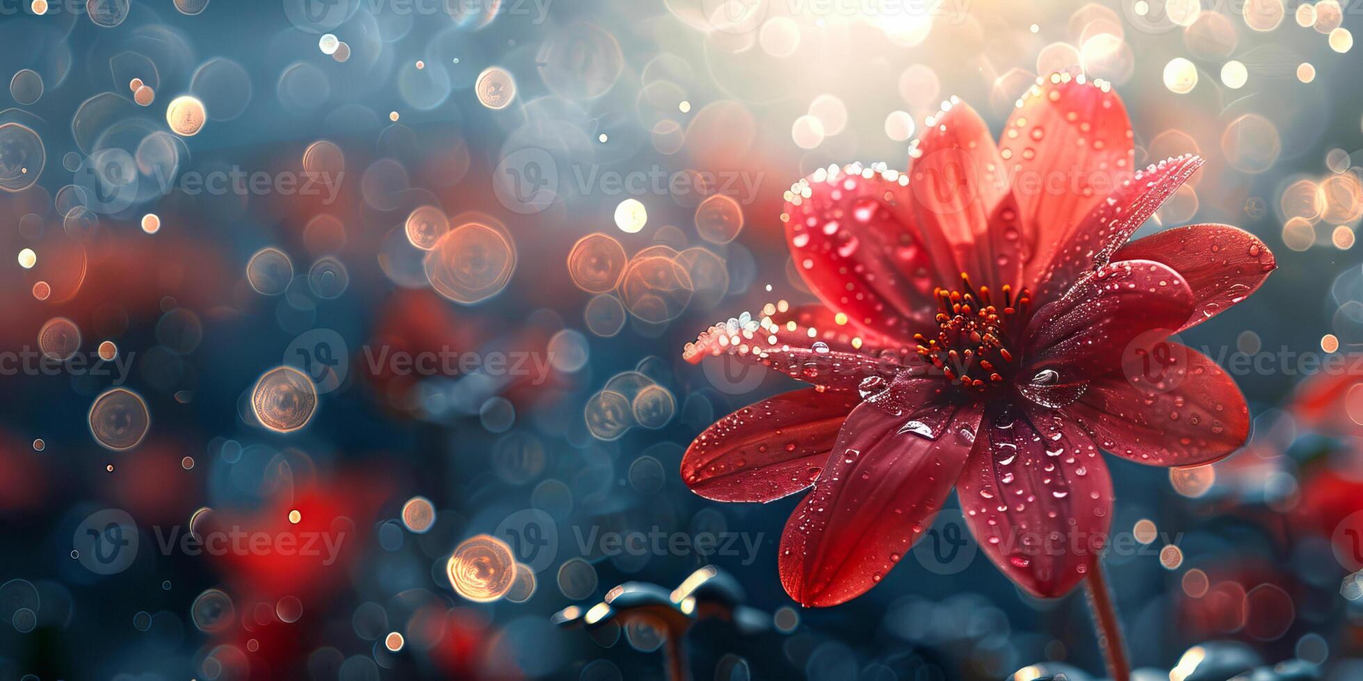 AI generated Bright red bloom with water droplets and a sparkling bokeh effect in the background photo
