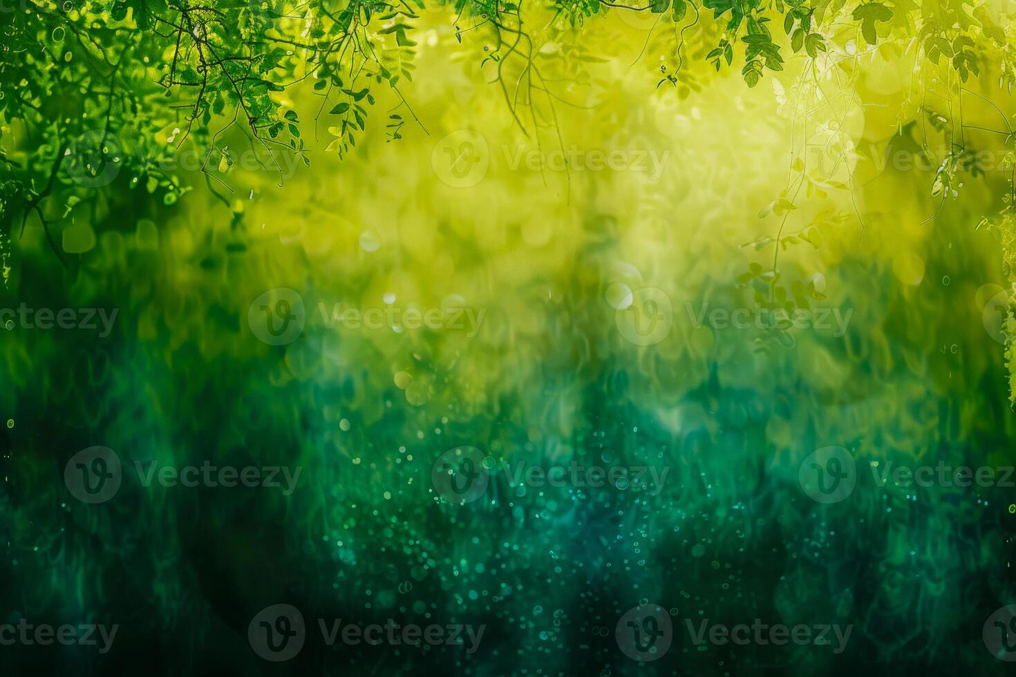 AI generated Sunlit Green Leaves with Glistening Bokeh Droplets photo