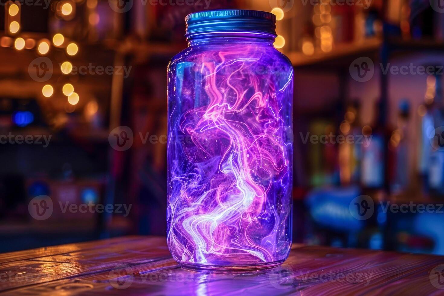 AI generated A stunning purple plasma ball effect captured within a glass jar, set against a bokeh light-filled background photo